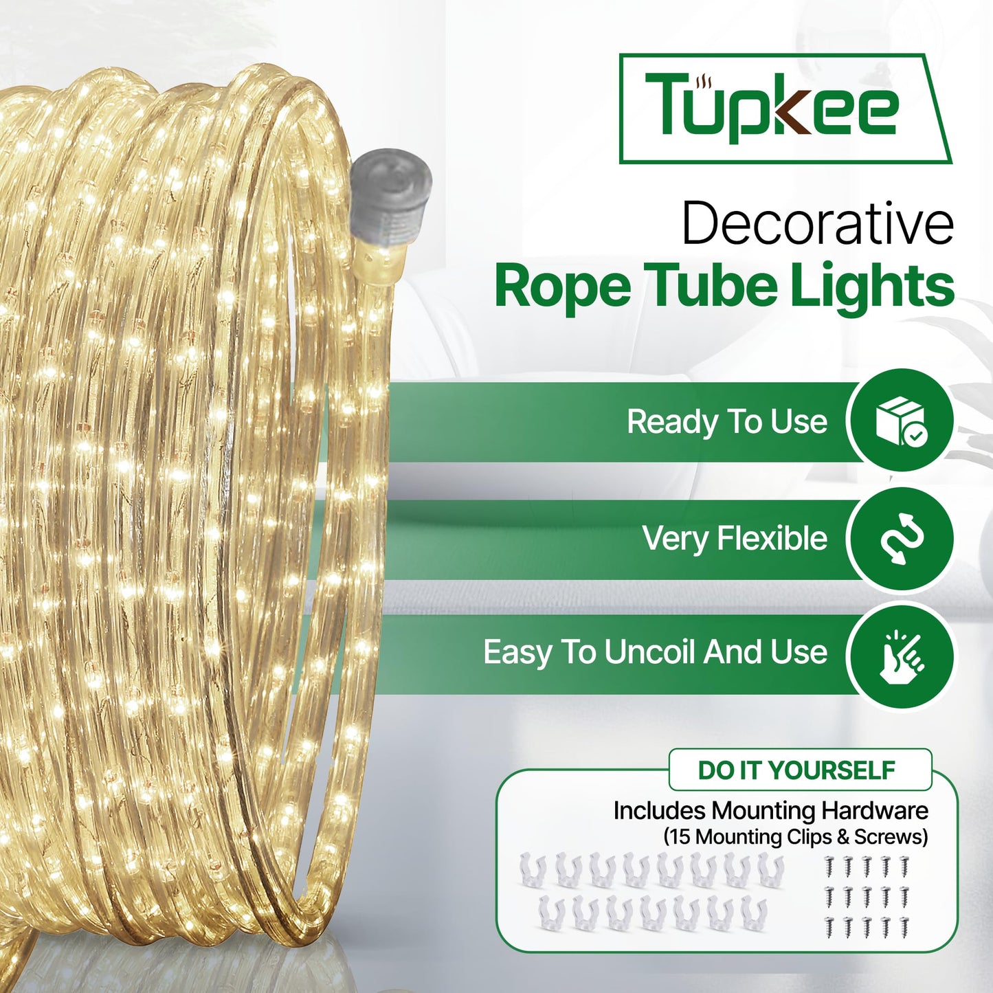 Tupkee LED Rope Light - Warm-White, 24 Feet, 10MM Diameter, PVC Tube, Pack of 2, Model RL-24-LWW2
