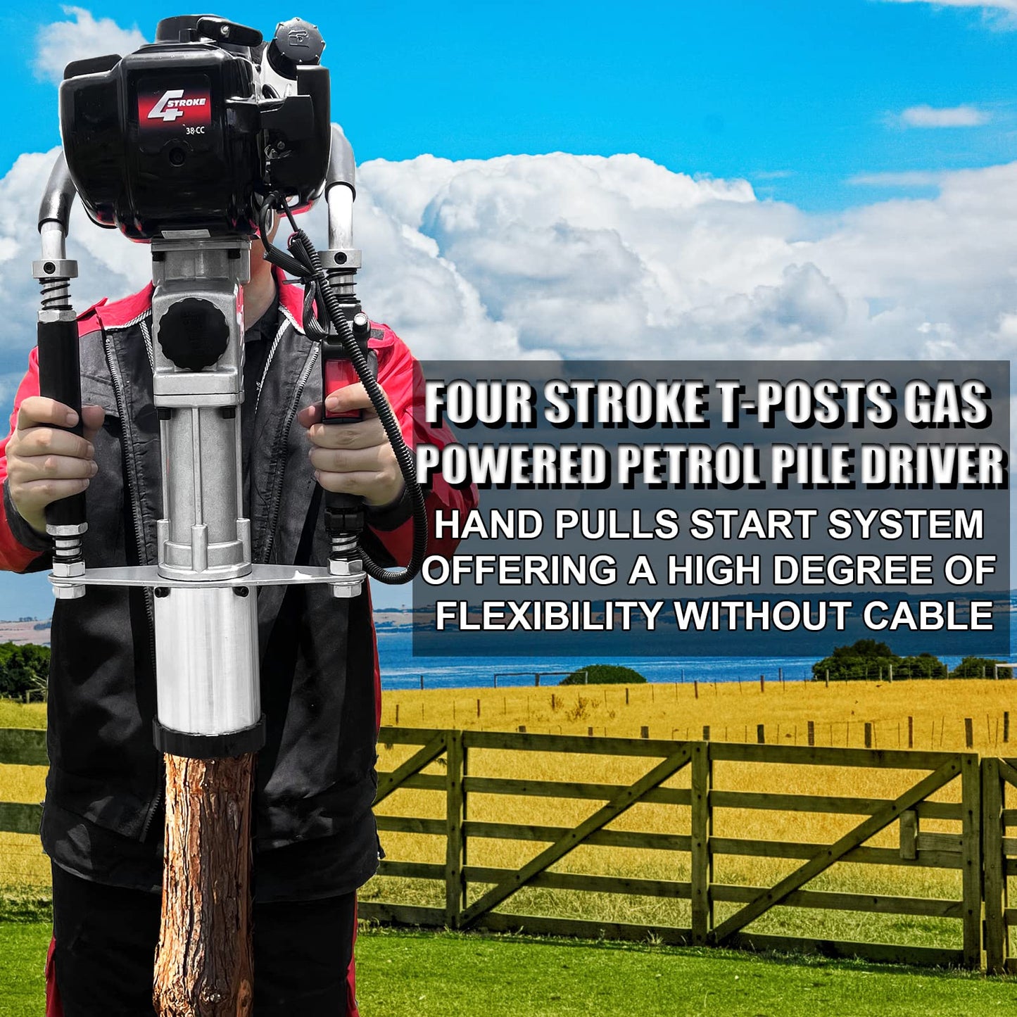 4 Stroke Gas Powered T Post Driver Hammer Drill, 37.7CC Air Cooling Single Cylinder Gasoline Petrol Fencing Tool with 3 Post Driving Head - 45mm,55mm,88mm pile sleeve