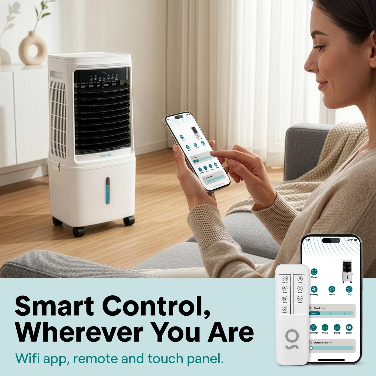 SereneLife Tower Fan, Smart Stand Up Bladeless Tower Fan with WiFi and Remote Control, 1700 CFM High Velocity Output, 25 Liter Detachable Water Tank, Boosted AC Flow with 4 Ice Packs Included
