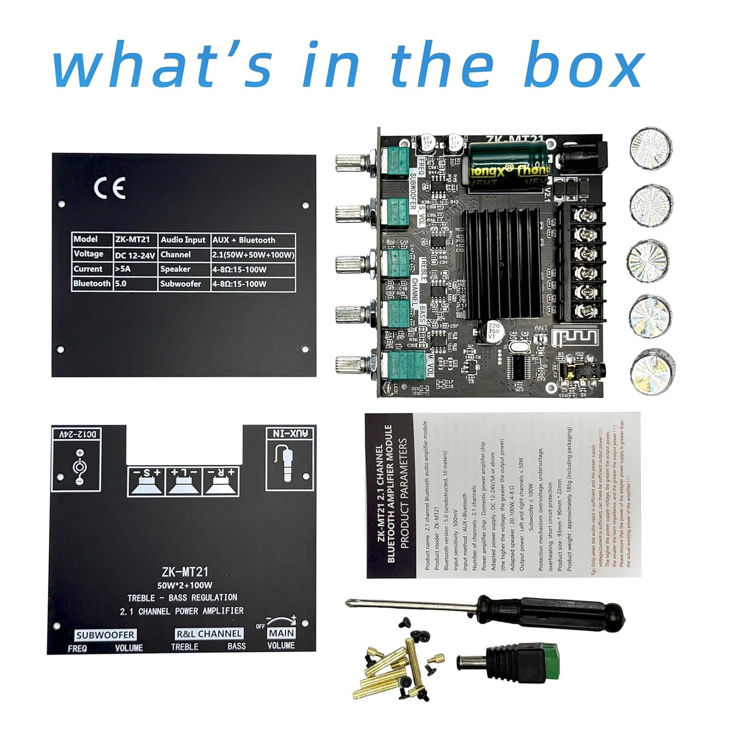 ZK-MT21 2.1 12V-24V Channel Bluetooth Amplifier Board Mini Audio Receiver with Subwoofer Output, Bass Treble Control