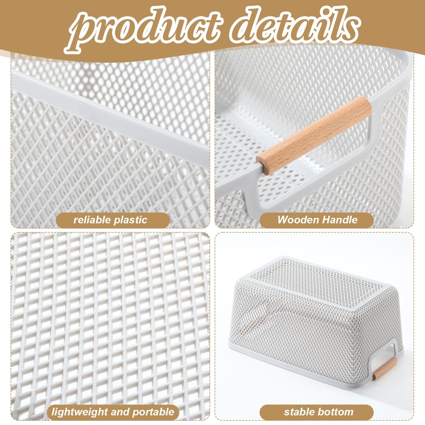 Ziliny 4 Pcs Plastic Mesh Baskets with Handles - Mesh Storage Hanging Organizer Bin Container Baskets for Home Organizing Pantry Closet Cabinet Kitchen Fridge Fruit Snacks Gifts, Grey(Large)