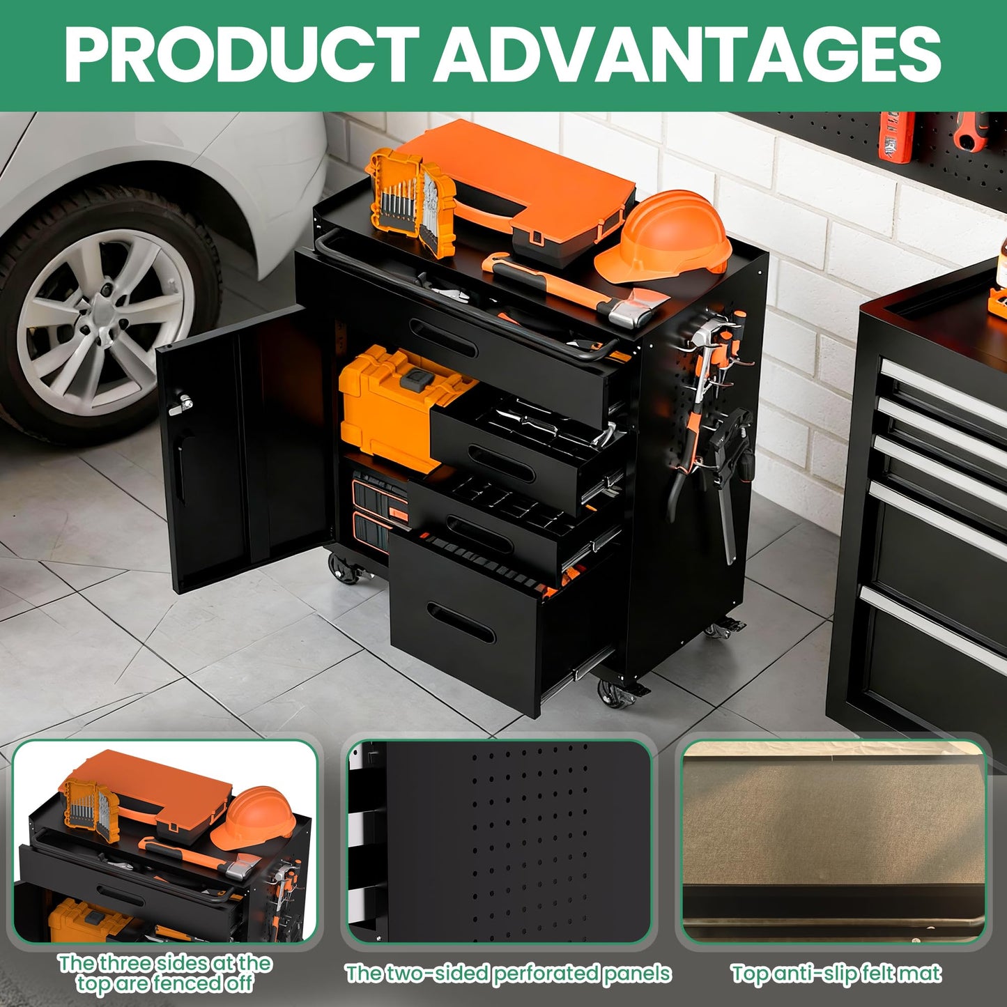 VIYET Garage Storage Cabinet,Metal Rolling Tool Cabinet with 2 Pegboard and 10 Hook,Heavy Duty Mechanics Tool Chest Storage for Workshop, Basement,Warehouse,Include Workbench Liner,Black
