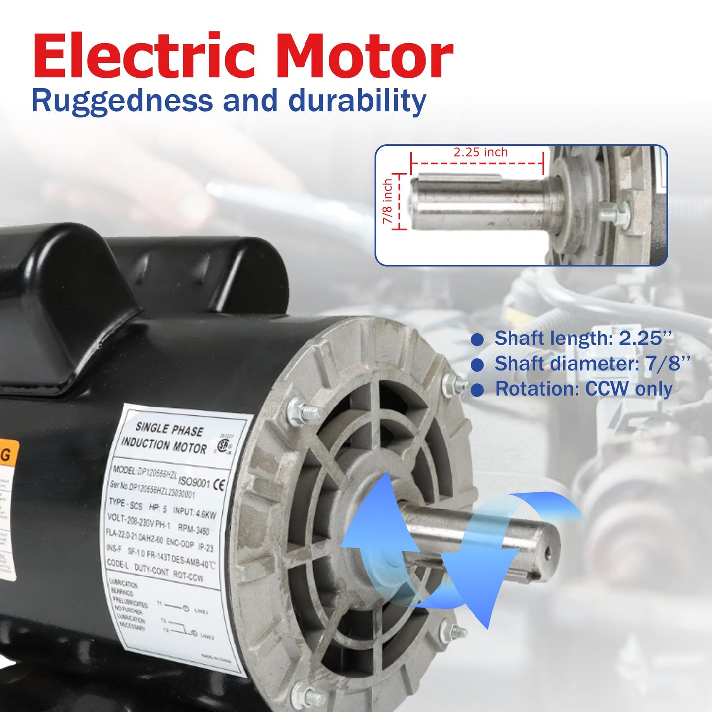 5HP Motor for Compressors 1-Phase Motor 3450 RPM 56 Frame 7/8 inch Shaft 230V