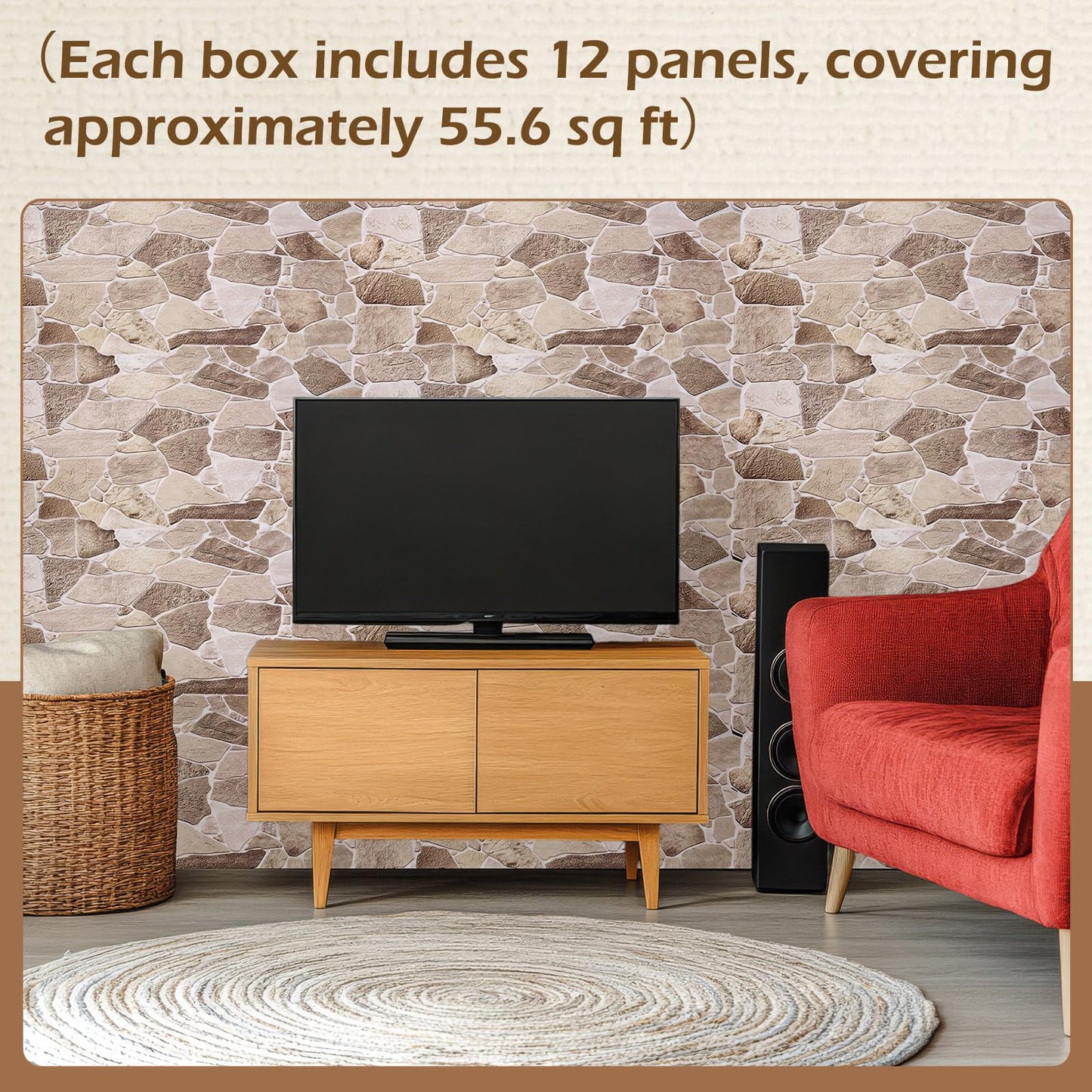 12 Pack 38.6" x 18.9" Peel and Stick 3D Faux Stone Wall Panels PVC Lightweight Decorative Wall Tiles for Interior Accent Walls Living Room TV Background Fireplace Surround-Covers 55.6 Sq ft (5.16m2)