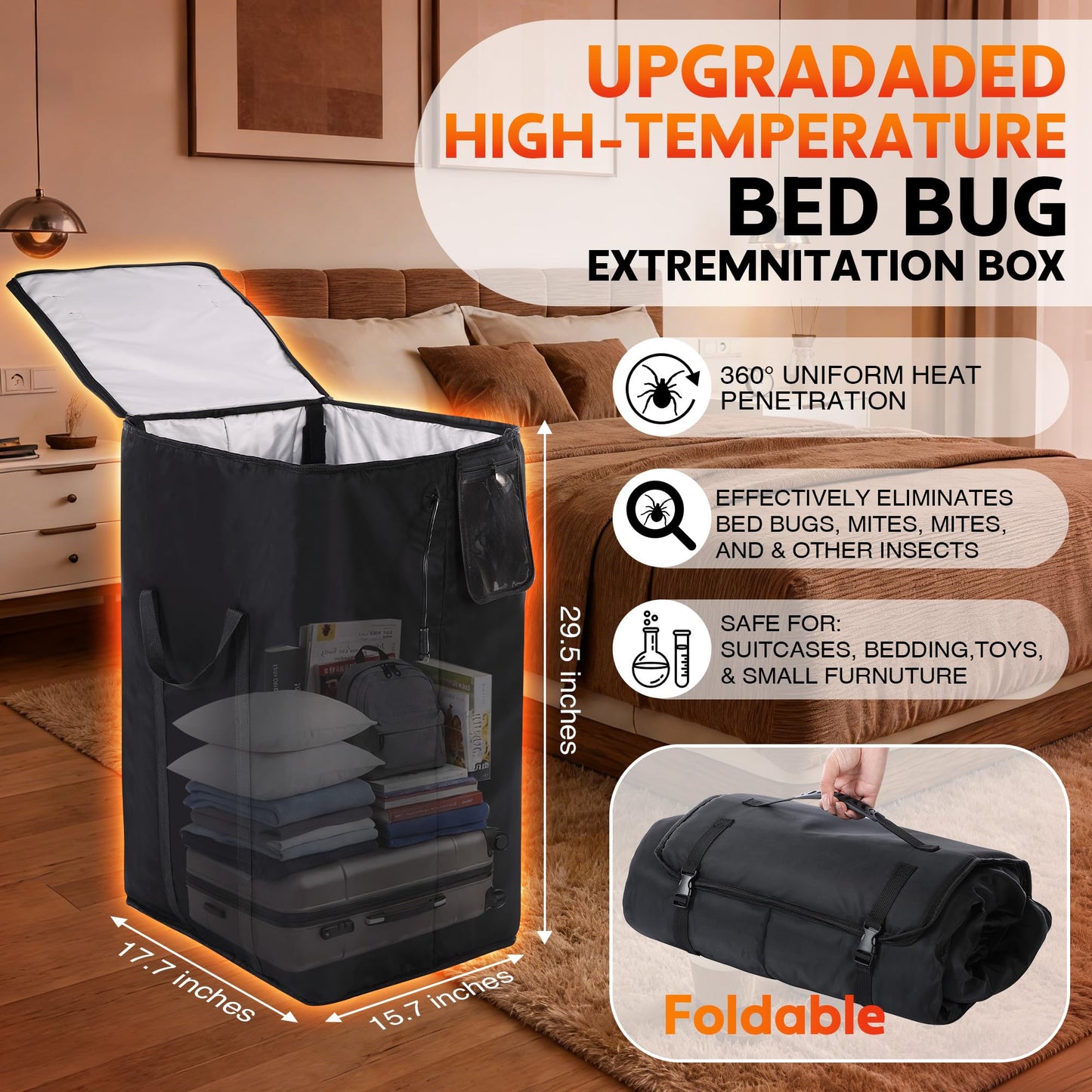 Bed Bug Heater, 360° High Temperature Portable Bed Bug Eliminator Equipment with Digital Timer & Temperature Control, Fast Heating to 155°F for Moths, Carpet Beetles and Lice(Black)