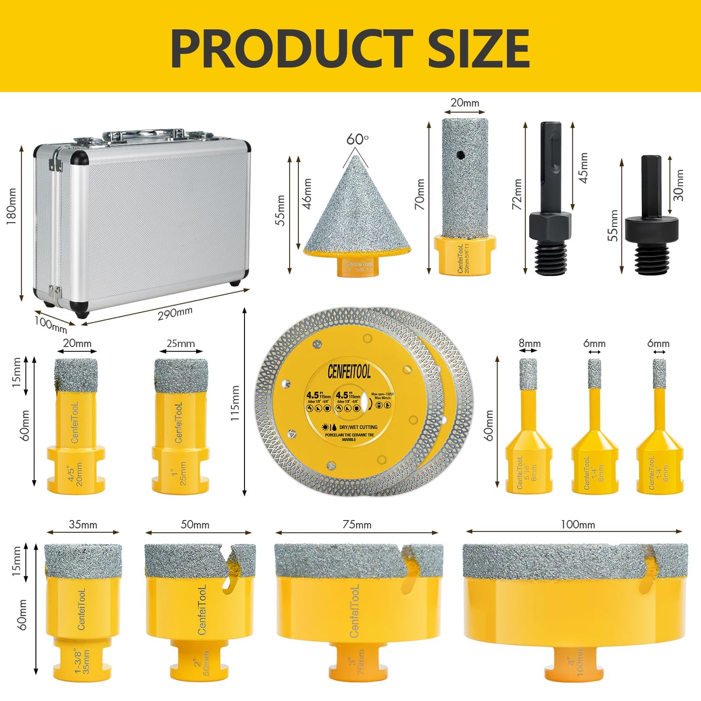 Upgrade 15PCS Diamond Tile Hole Saw Kit: Tile Drill Bits 5/8-11 6/6/8/20/25/35/50/75/100mm, Finger Bit/Chamfer Bit/Cutting Disc/SDS Adapter, Diamond Core Drill Bits Set, Ceramic Tile Porcelain Granite