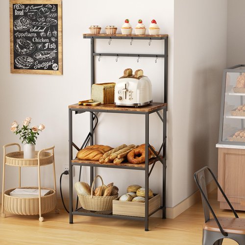 Korfile Kitchen Bakers Rack with Power Outlet, Small Coffee Bar Cart 4 Tiers, Microwave Stand Station with 8 S Hooks, Adjustable Shelf, Freestanding Kitchen Appliance Organizer, Rustic Brown