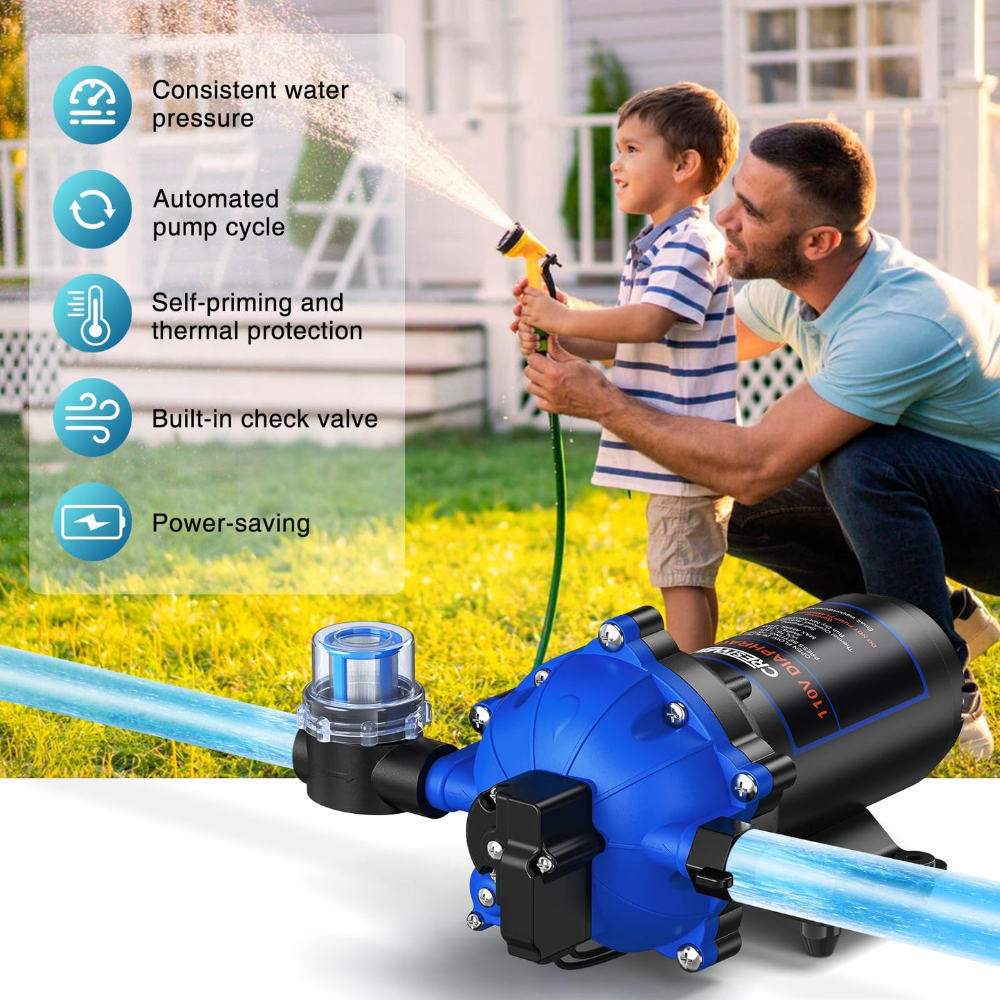 CrestWave Fresh Water Pump 7GPM 70PSI, 110V AC, Upgraded Five Chamber Self-Priming Diaphragm Water Pump with Pressure Switch and Strainer for RV, Home Water System, Irrigating & Industrial Settings