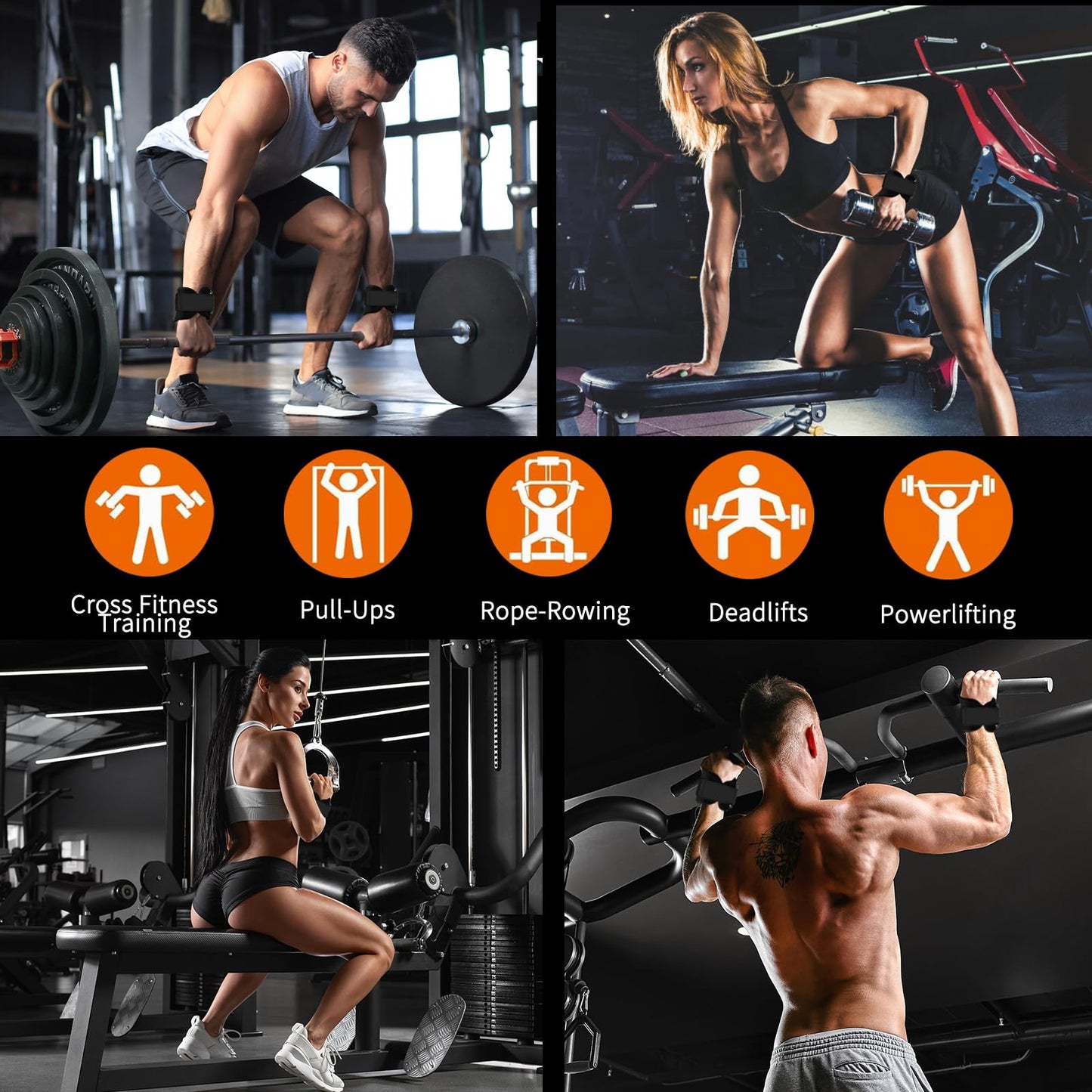 Weight Lifting Wrist Strap, Double-Layer Leather Wrist Straps for Gym Strength Training Weightlifting,Deadlift and Powerlifting, Enhance Grip Strength Neoprene Padding Gym Workout Lifting Straps Pair Black