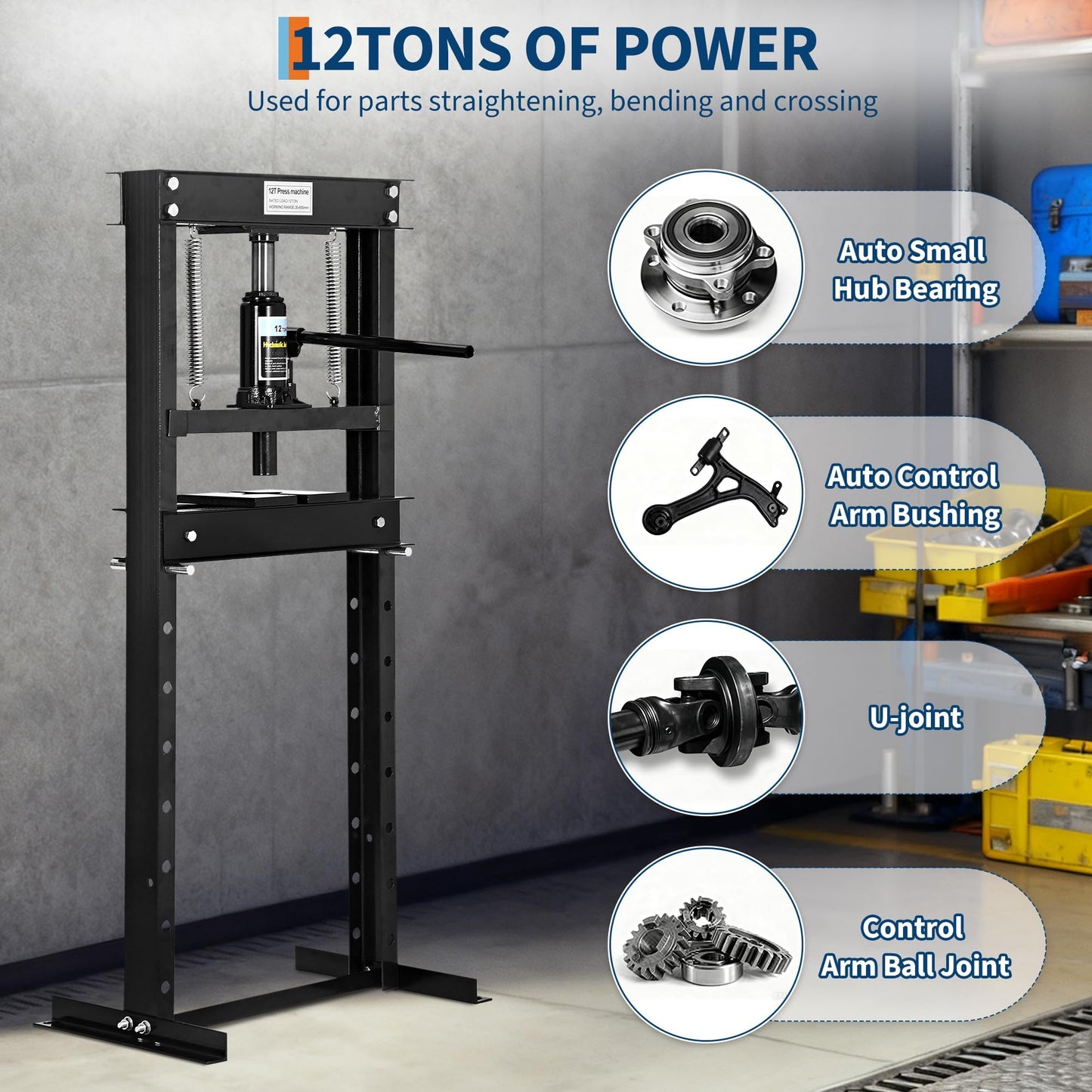 12 Ton H Frame Hydraulic Shop Press,Heavy Duty Garage Floor Press with Adjustable Height Stamping Plates,Built in Relief Valve for Bending Straightening Bearings u Joints Car Repair Professional Use
