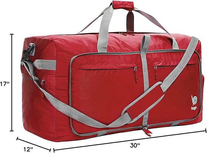 Bago Large Foldable Duffel Bags for Traveling Women & Men - 100L Packable Duffle Bag for Travel with Shoe Compartment - Water Repellant, Heavy Duty, Lightweight Folding & Collapsible (Red)