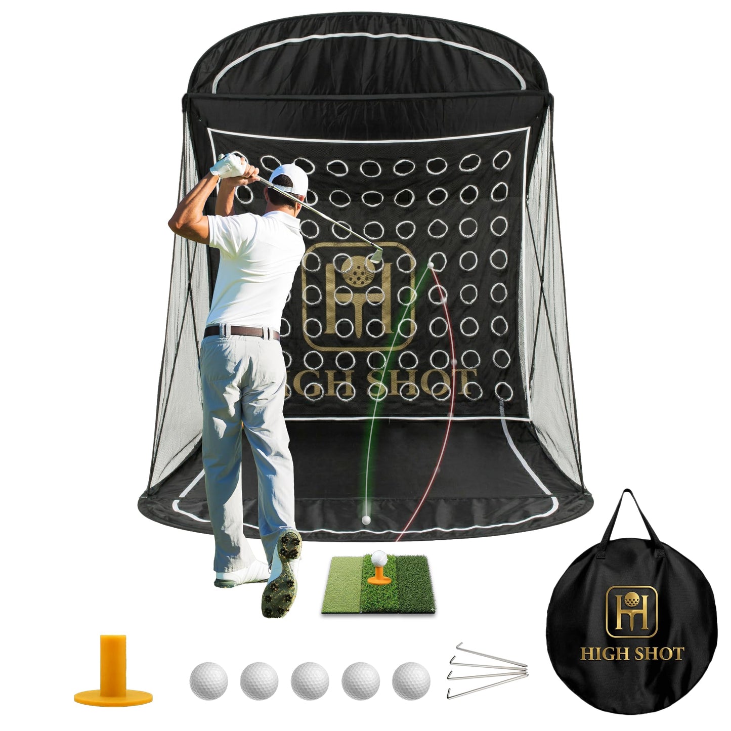 High Shot Golf Practice Net with Ball Return and Two Interchangeable Target Nets - 7.5 ft x 6 ft x 9.5 ft Heavy Duty Dual Golf Hitting Net System with Canopy for Indoor and Outdoor Use