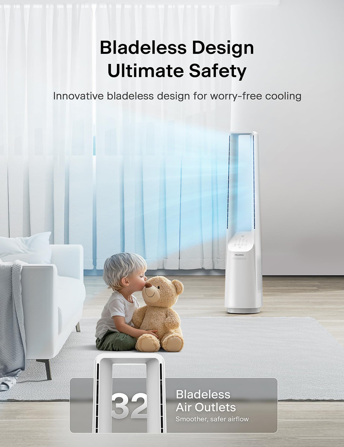 PELONIS Bladeless Tower Fan with 26-33ft Powerful Airflow, Alexa and Google Compatible, 6-Speed Settings, Quiet DC Motor, 120° Oscillation, 7-Hour Timer - Ideal for for Bedroom Home Office Use,White