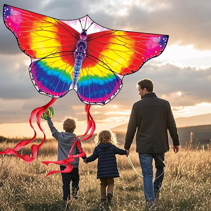 Large Butterfly Kite for Kids & Adults, 55" x 28" Easy to Fly Single Line Kite for Kids Ages 4-8, 8-12, Comes with 300 FT Kite String Handle