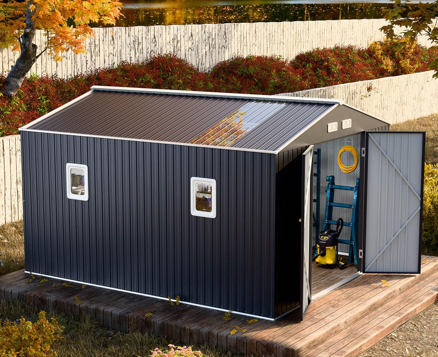 WELYAS 10x10 FT Metal Outdoor Storage Shed with Unique Floor Base Clear Roof Window Lockable Double Door Vent Heavy Duty Reinforced Frame Waterproof Sheds for Garden Large Lawnmower Tool,Dark Grey