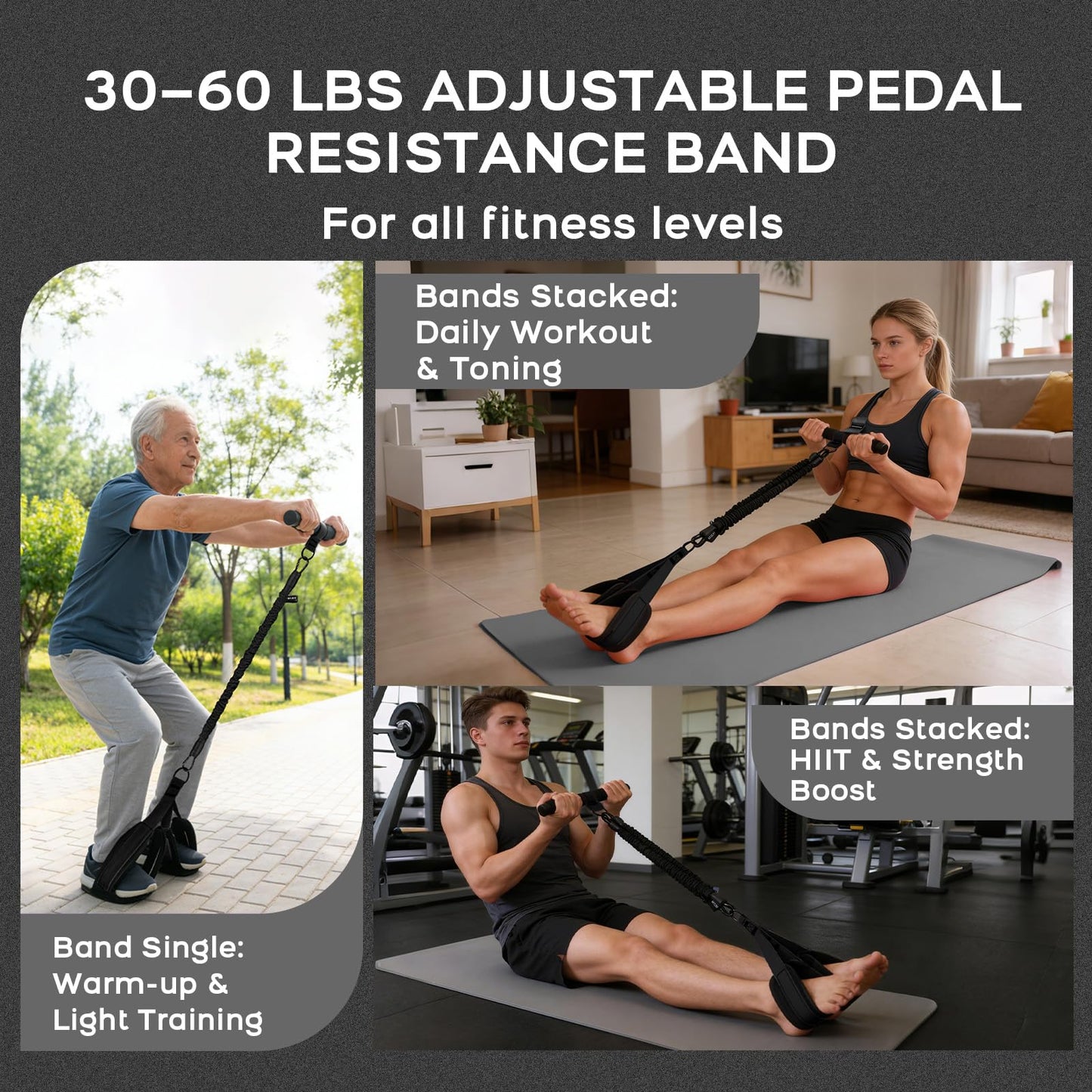 Multifunction Pedal Resistance Band with Handle, 3 Tube Adjustable 30/40/50LB Foot Pedal Puller Resistance Bands with Poster, Extended Length Tension Rope for Men Women Full Body Workout Home Gym