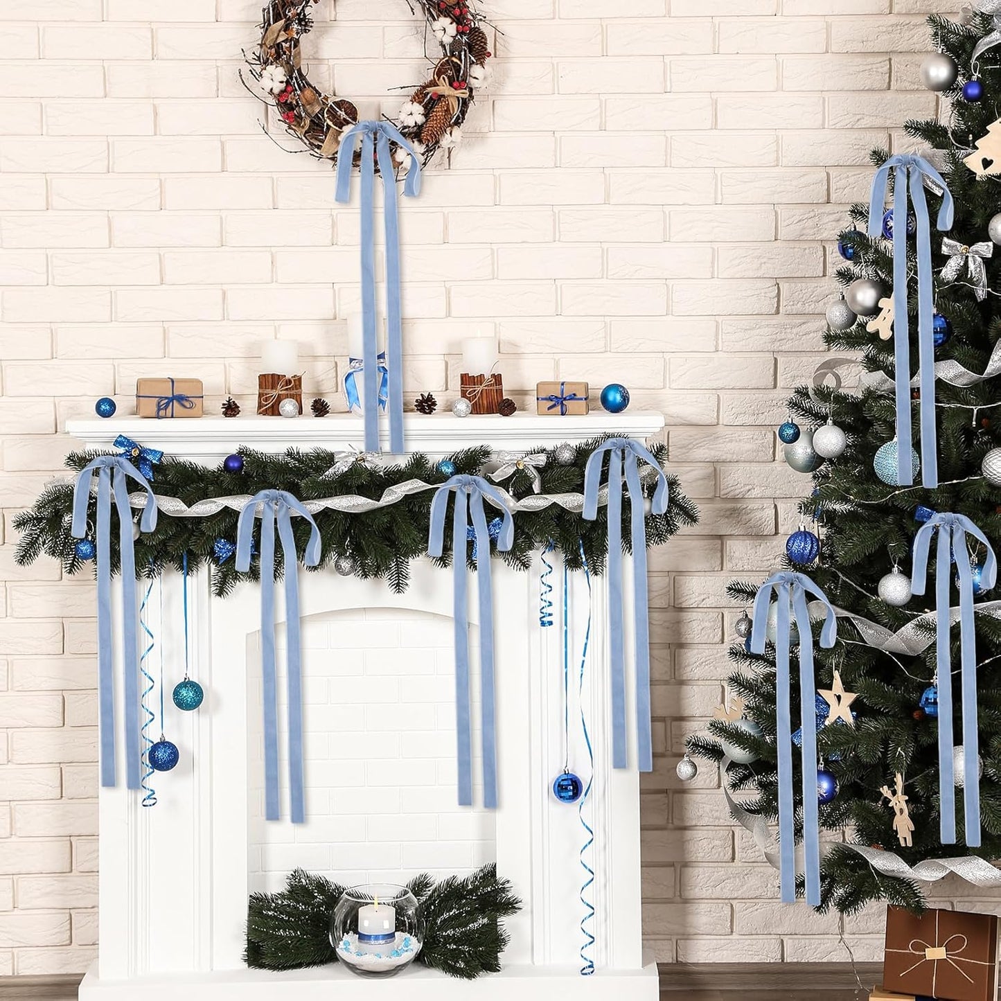 Skiennix 24 Pcs Velvet Bows - Vintage Ribbon Bows for Christmas Tree & Crafts | Dusty Blue, 9 x 13 Inch