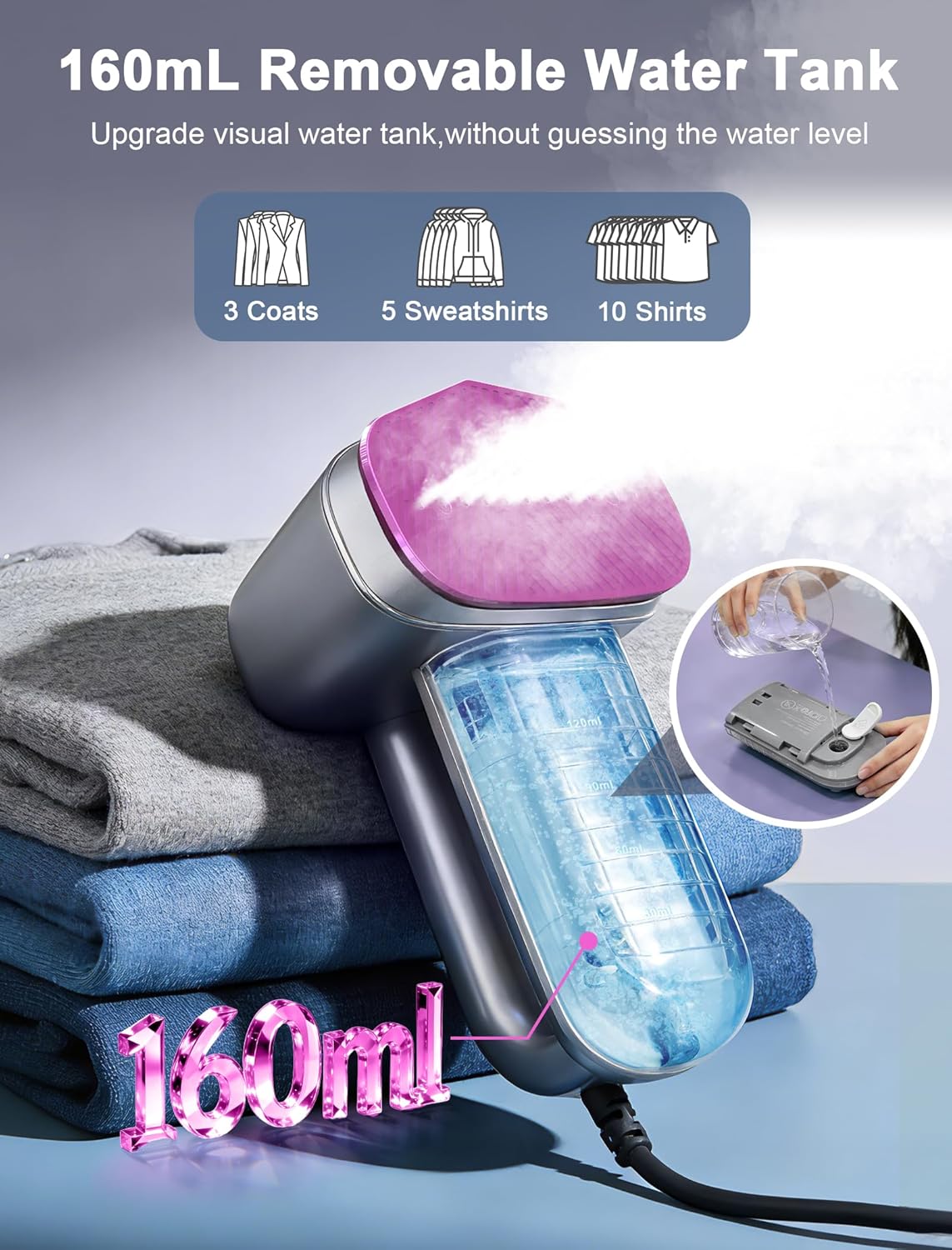 Skiennix Travel Steamer - 2-in-1 Handheld Clothes Steamer with 160ml Water Tank | 6 Steam Modes