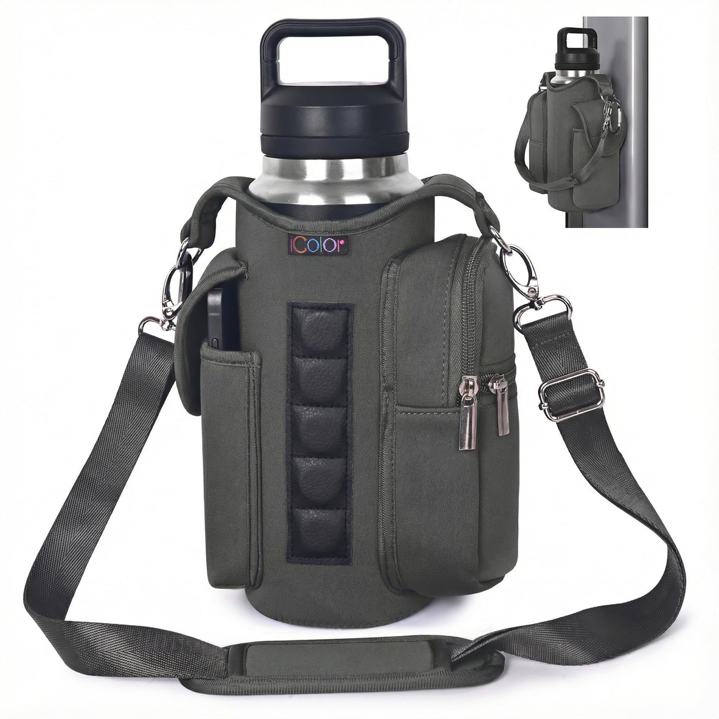 icolor Magnetic Gym Bag Water Bottle Carrier Holder with Phone Pockets & Shoulder Strap Small Gym Bag 5 Built-in Magnets Gym Accessories Organizer Magnetic Bottle Pouch for Men Women (Gray)