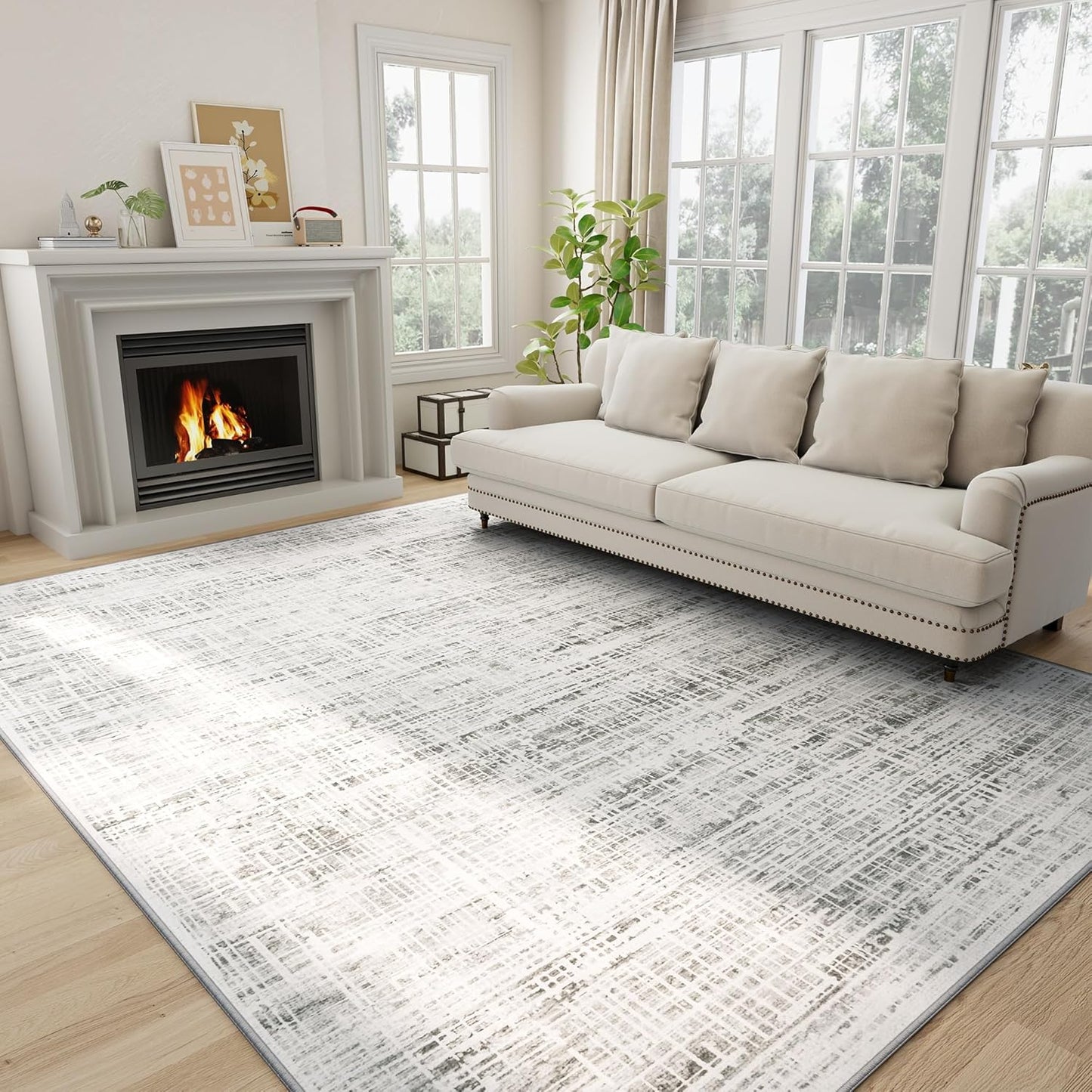 Skiennix 8x10 Area Rug - Washable Anti-Skid Abstract Design for Living Room | Soft Non-Shedding Carpet (White Gray)