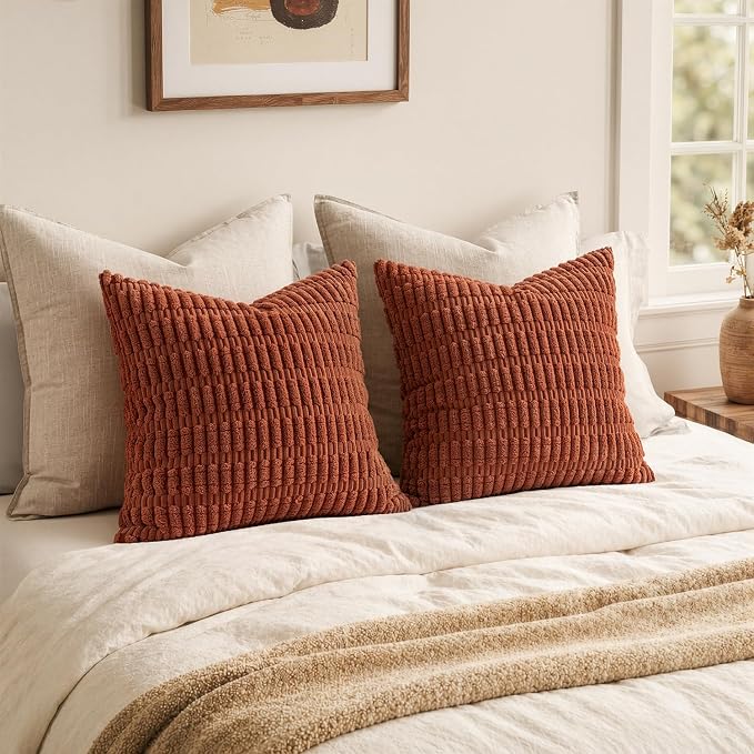 MIULEE Pack of 2 Corduroy Decorative Throw Pillow Covers 16x16 Inch Soft Boho Striped Pillow Covers Modern Farmhouse Home Decor for Sofa Living Room Couch Bed Rust