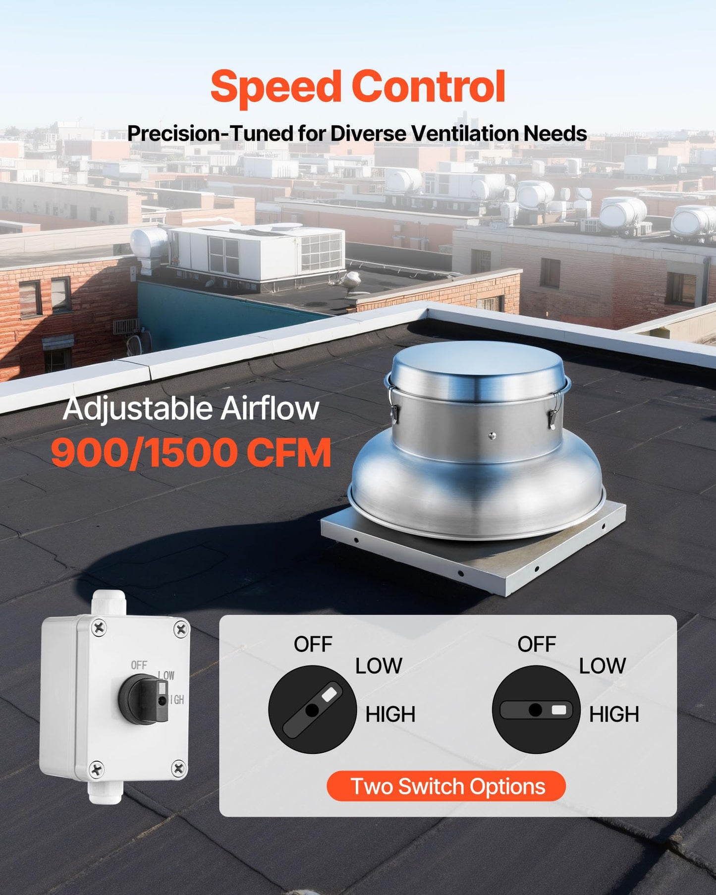 VEVOR Roof Exhaust Fan, 900CFM & 1500CFM Adjustable Speed Control Attic Vent Fan with High-Power Motor, 21inch Fan Base Heavy-Duty Aluminum Alloy, Compact for Garage,Kitchen,Bathroom,Silver