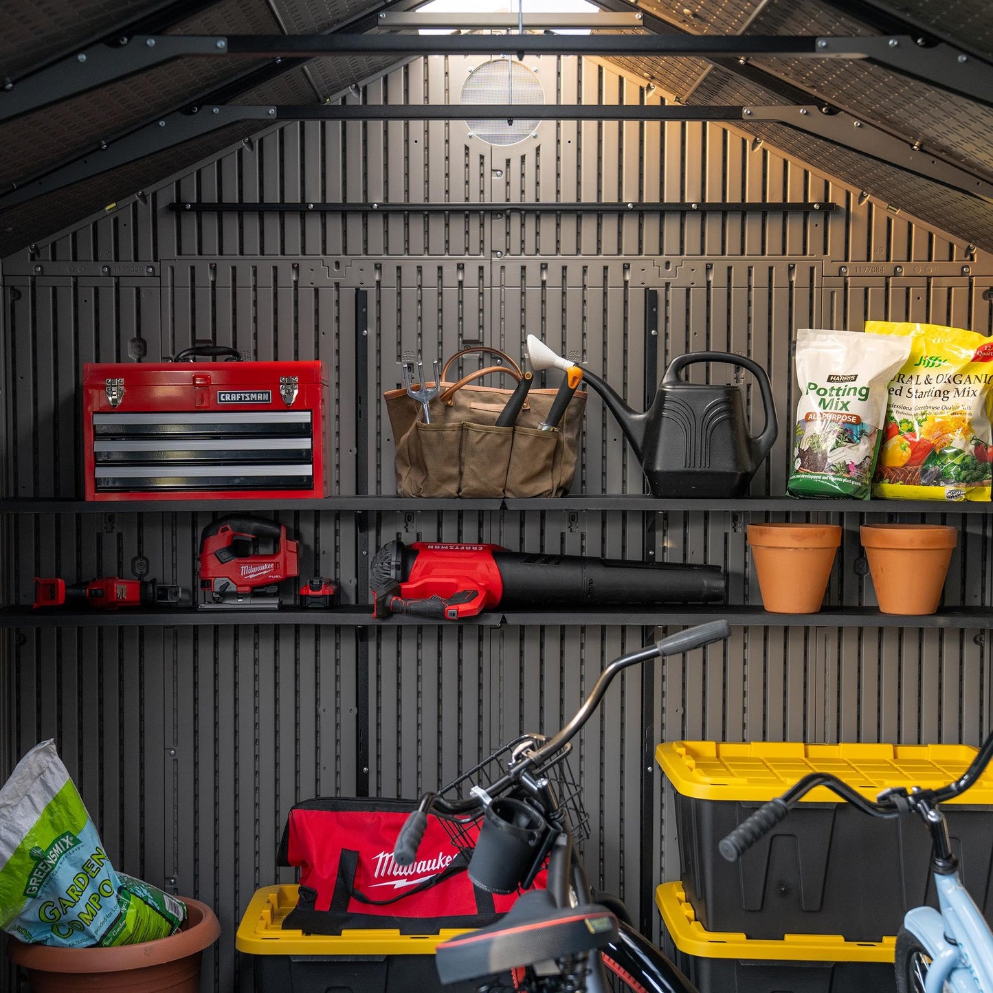 Lifetime 20x8 Ft Outdoor Storage Shed, Gray HDPE Construction, Steel-Reinforced Walls, Dual-Entry Design with Lockable Doors, Skylights, Adjustable Shelving System, Snow Load Kit Included