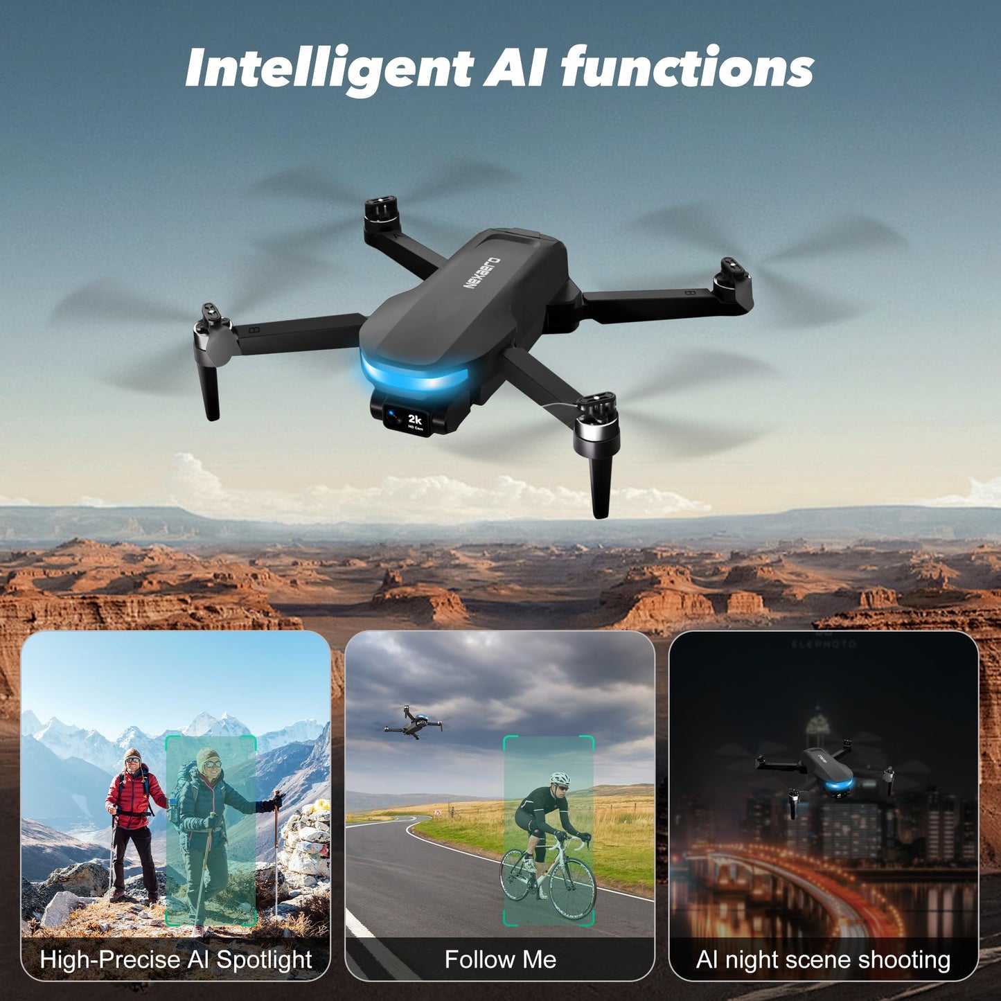 GPS Drone with EIS 2K Camera for Adults, 7.22 inch Screen on Remote Controller,FPV RC Drones with Al Track&Night Shot with Professional GPS,Auto Return Follow Me for Beginner,Long Range Transmission, 2 Batteries 64min Flight Time,Handbag Under 249g