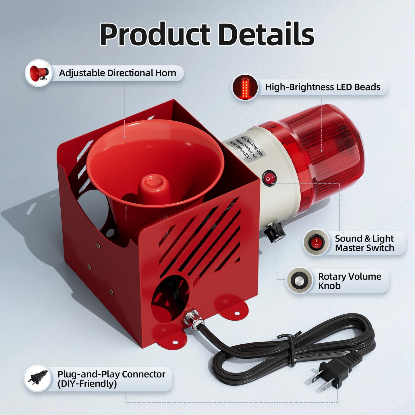 Joinfworld AC110V 120dB Siren Alarm Strobe Light Plug-in Manual Security Alarm Adjustable Volume Outdoor Waterproof Emergency Strobe Warning Light for Warehouse, Construction Site, Crane