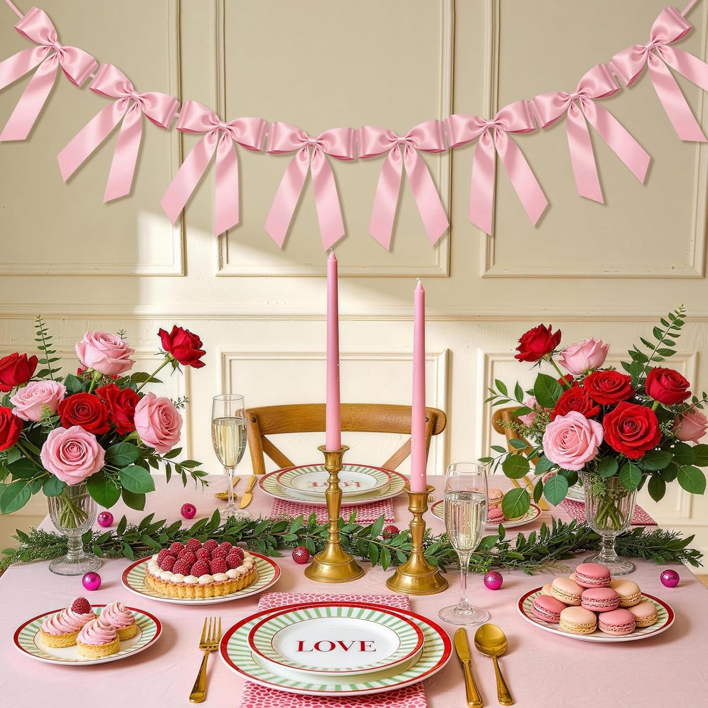 Skiennix Pink Bow Garland Banner - 8 Pre-Strung Double-Layer Satin Ribbon Bows | Valentine's Day Decor & Party Accent