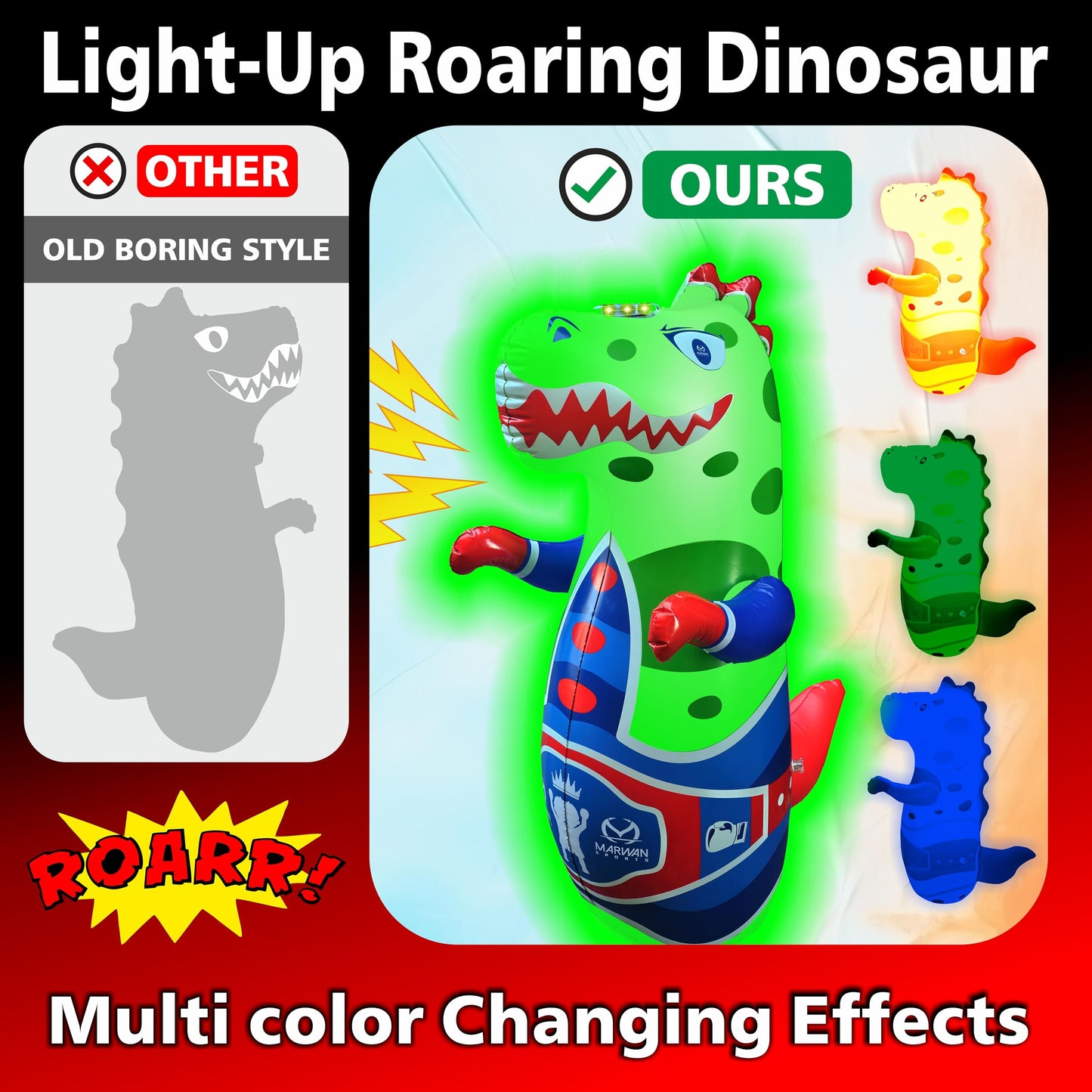 Marwan Sports Punch, Light & Roar Dinosaur Punching Bag – 47" Inflatable Bop Bag for Kids Ages 3-14 | Bounce-Back Toy with Lights & Roaring Sounds | Active Play Gift for Toddlers & Children