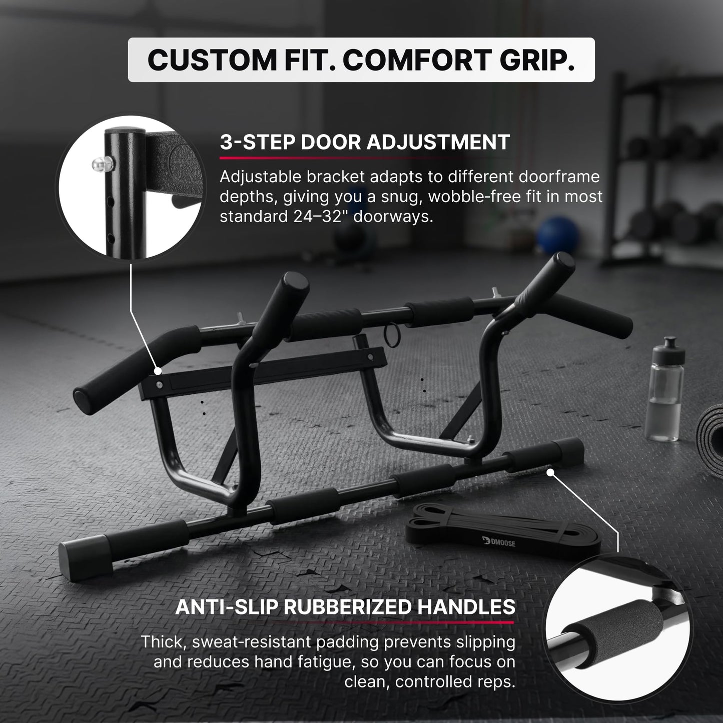 DMoose Fitness Pull Up Bar for Doorway with Pull Up Band - 250 lb Capacity, No Screws, Multi-Grip Chin Up Bar for Home Workouts, Upper Body & Strength Training - Includes Installation Guide