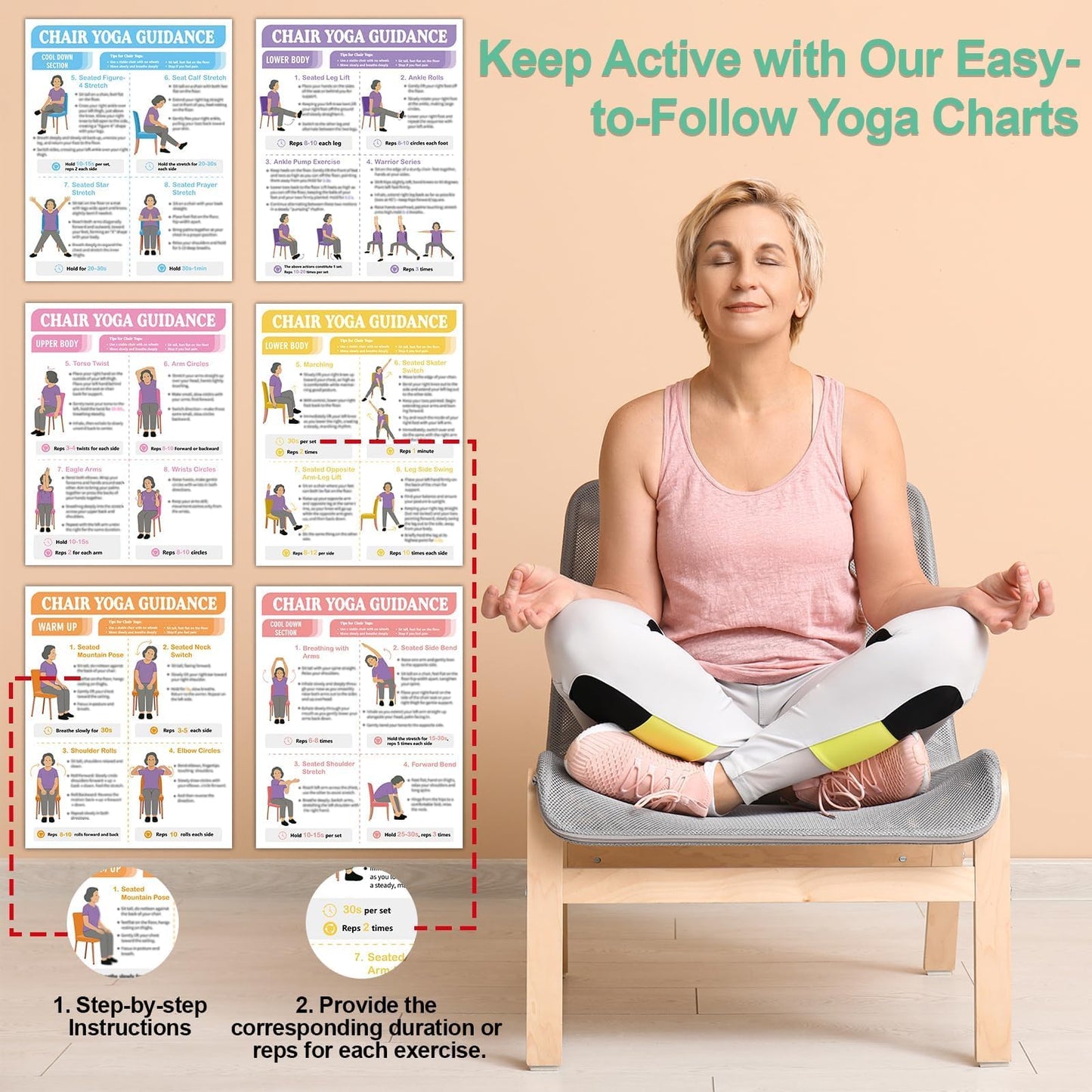 10Pcs Chair Yoga Poster for Seniors Beginners-Set of 8 Illustrated Guides & 2 30-Day Challenges Stretching and Gentle Chair Yoga Chart Wall Art For Balance Flexibility Weight Loss(11 x 8.7 Inch）