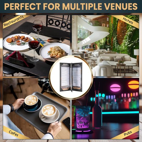 AMGSH 12 Pack 4 View Menu Holder Menu Covers 4.25" x 11" | Black Leather Menu Sleeves Book Style for Restaurant Coffee Bars Wine List