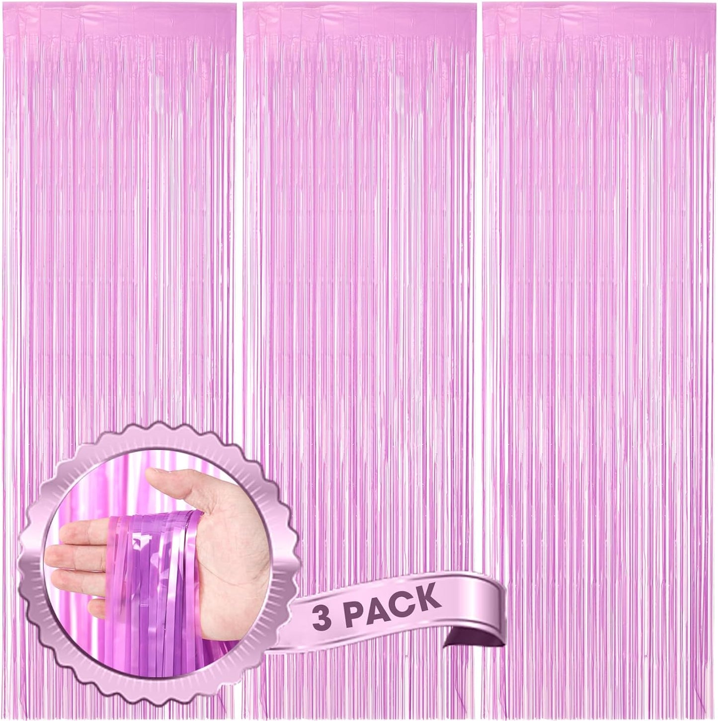 Voircoloria Foil Fringe Backdrop Curtains - 3 Pack of 3.3 x 8.2 ft Pastel Purple Tinsel Streamers for Parties