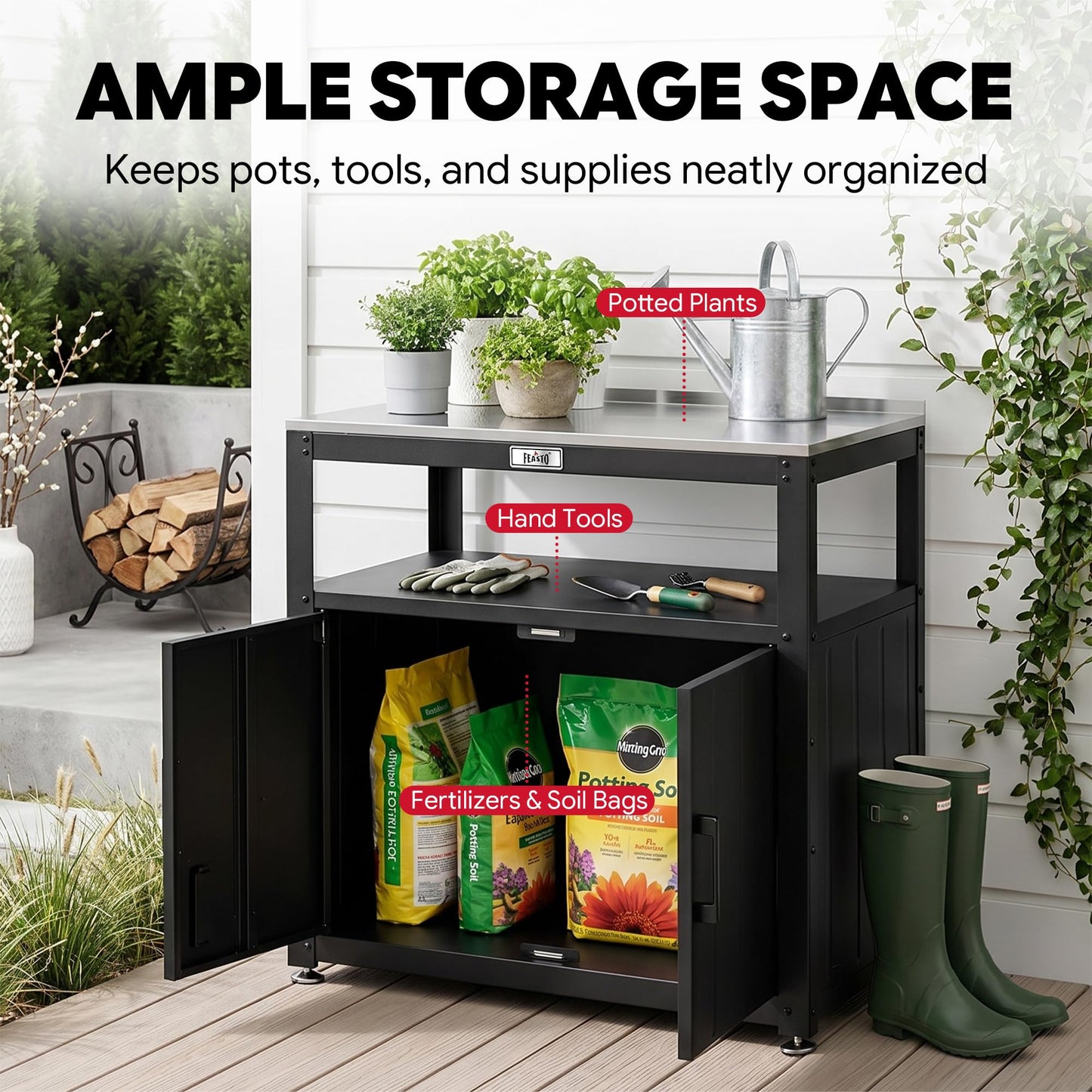 Feasto Outdoor Potting Bench with Storage, Stainless Steel Tabletop Garden Work Bench with Storage Cabinet & Removable Inner Shelf for Patio Lawn Outdoor Gardening