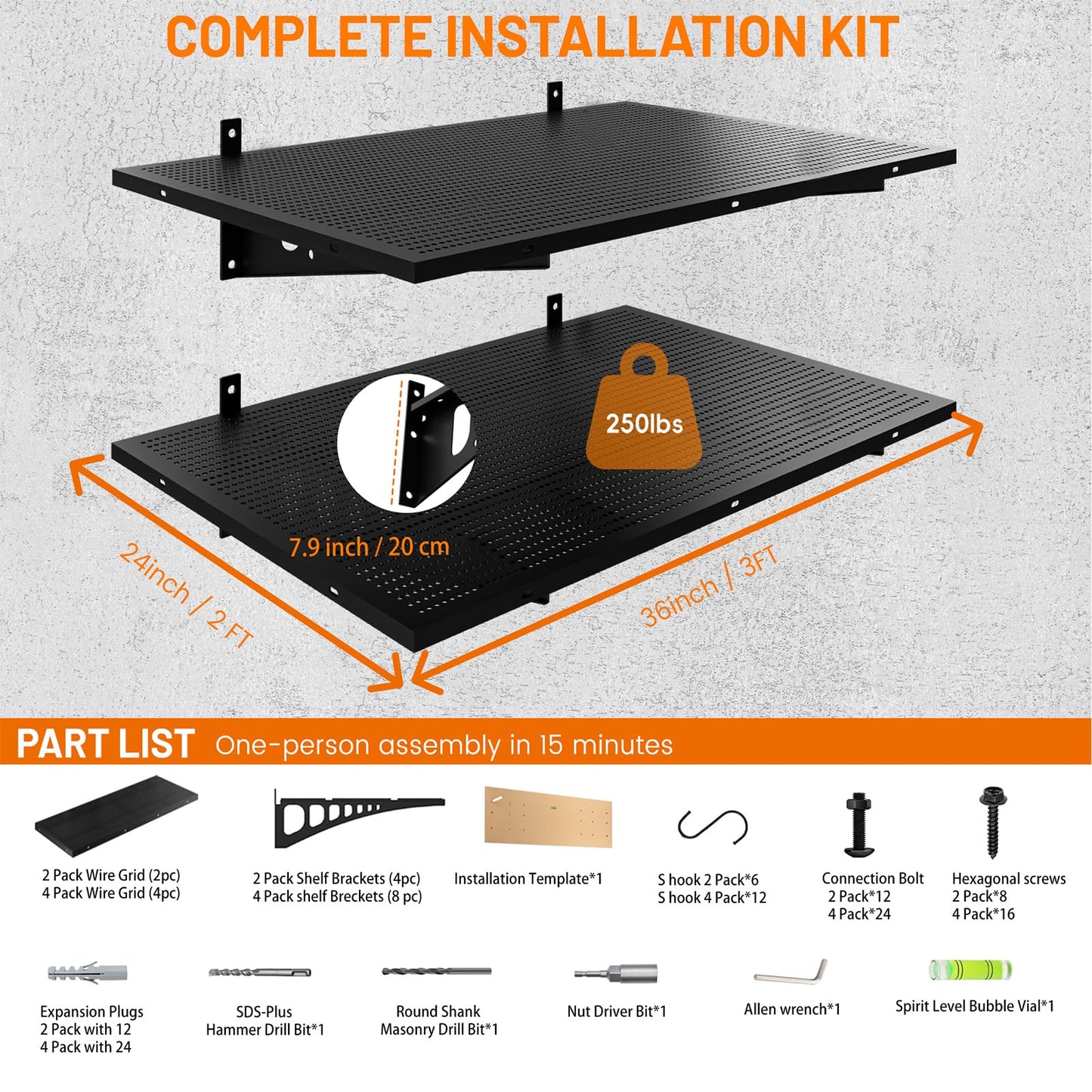 Cuguords 4-Pack 2x3ft Wall Storage Shelves, 1000 Lbs Garage Wall Shelf, Heavy Duty Floating Tool Rack With Complete Install Kit, Black