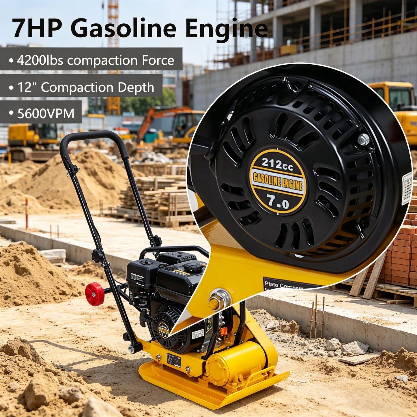 Plate Compactor 7HP with 212cc 5600 VPM Gas Engine, 22.1x15.9 in Plate Power Jumping Jack Tamper, 4200 lbs Vibratory Compaction Tamper, Soil Compactor Machine for Pavers, Walkways, Asphalts