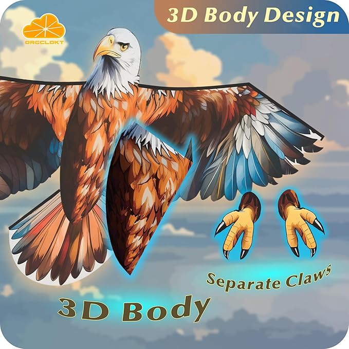 ORGCLDKT- 3D Lifelike Style Bird/Eagle Kite, Super Easy to Fly with, Ideal for Kids, Adults, Girls, Boys. Kites for The Beach, Grassland, Hiking