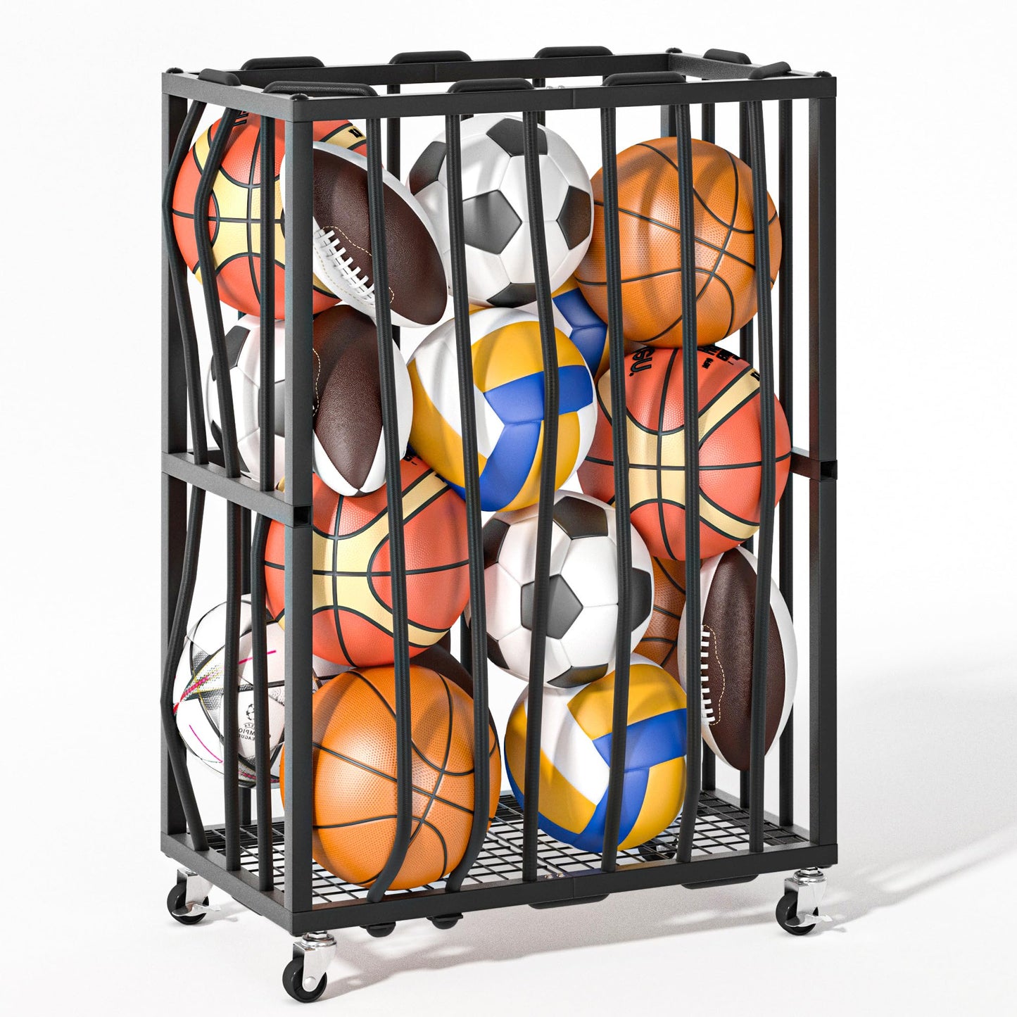 Ball Sports Organizer Storage Cart, Garage Metal Rolling Bin with Thicker Elastic Rope, Ball Holder Rack with Wheels for Volleyball, Basketball, Football, Toys, Gym, Outdoor & Indoor Equipment Storage