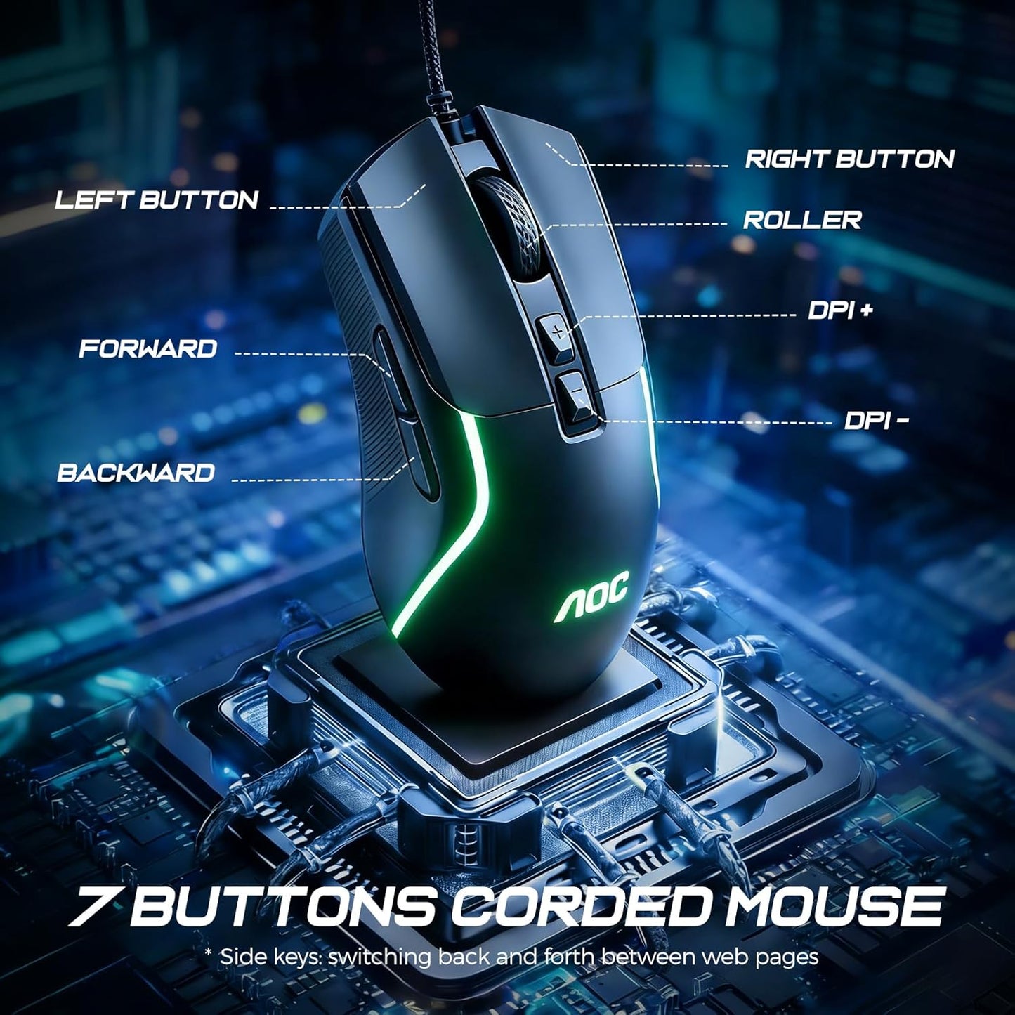 AOC 7200DPI 7 Programmable GM170 Wired Gaming Mouse, RGB Ergonomic Computer Mouse with Optical Sensor Game Corded