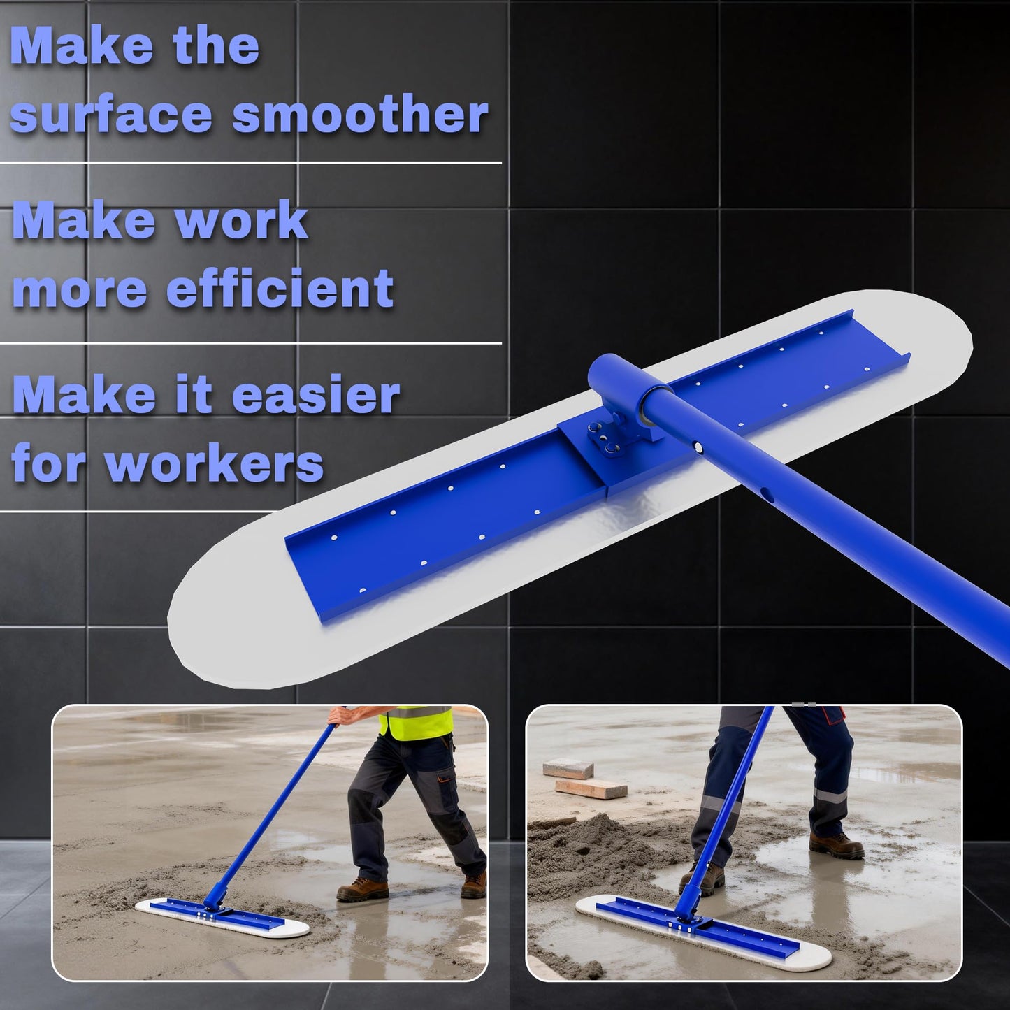 48" x 8" Concrete Bull Float Kit, Stainless Steel Round End Finishing Trowel with 47'' Adjustable Handle, Heavy Duty Concrete Smoothing Tool for Cement, Driveway, Patio
