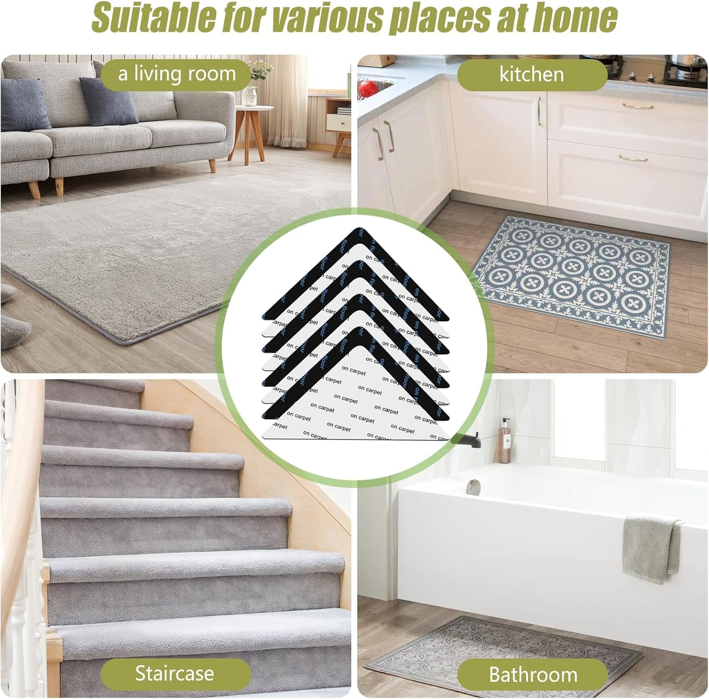 Skiennix Non-Slip Carpet Tape - 12 Pcs Double-Sided Adhesive Rug Stickers for Hardwood Floors | No Residue, BPA-Free
