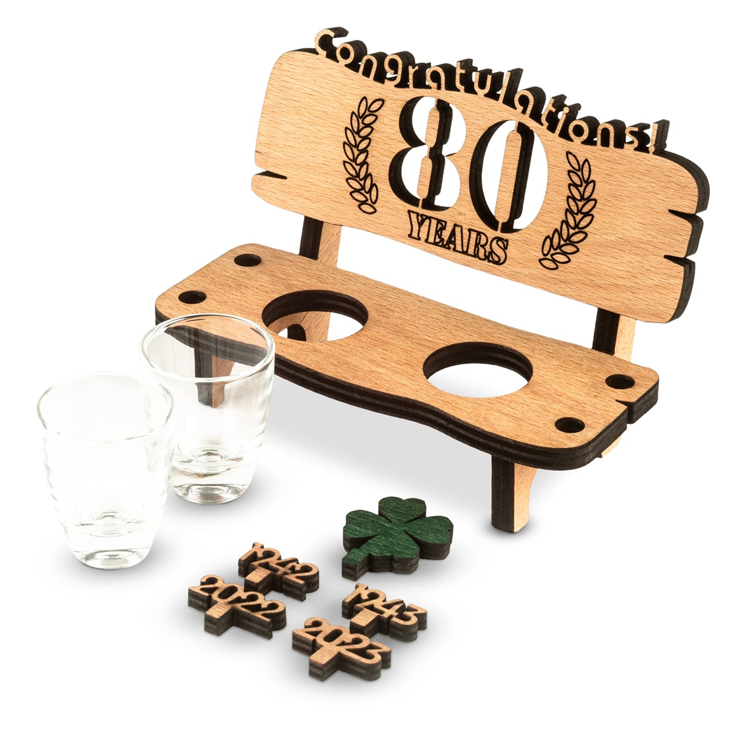 Brynnberg Wooden Bench with Shot Glasses - 80 Engraved (Years Available 10-90) - Original, Funny and Emotional Gift for Wedding, Anniversary or Birthday - 2 Shot Glasses and Wood Four-Leaf Clover