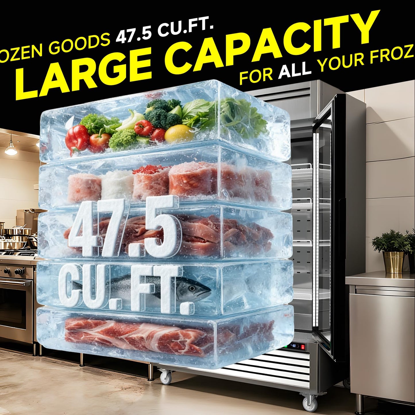 Coolski 54" W 2 Glass Door Commercial Freezer, Upright Display Freezer with Adjustable Heavy Duty Shelves, Auto Defrost, LED Interior Light, ETL DOE Certified for Stores and Cafés