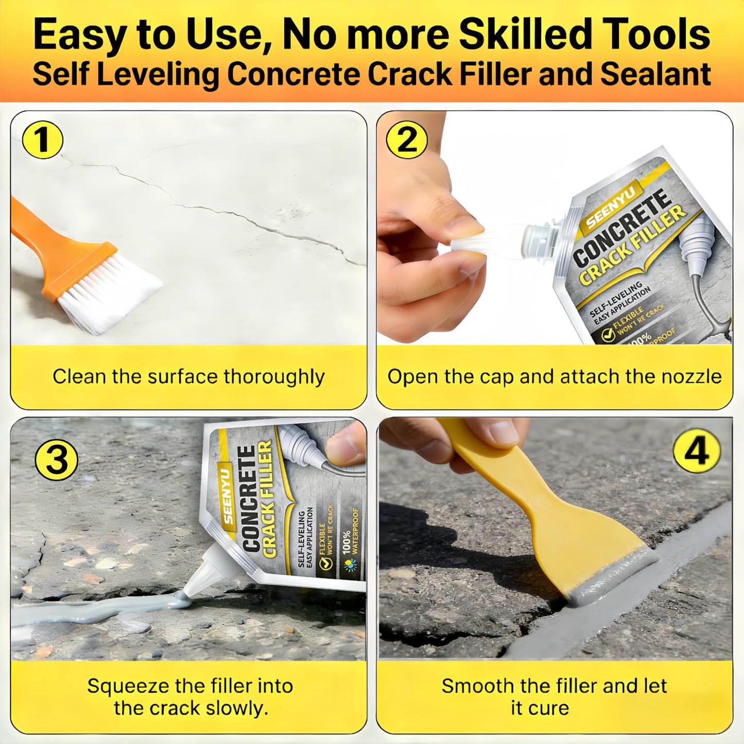 Concrete Cement Crack Filler Self-Leveling Sealant, Waterproof Fast-Drying Concrete Sealer Repair, Flexible Easy DIY Crack Seal Gule for Driveway, Sidewalk, Patio, Garage Floor, Asphal -2PC