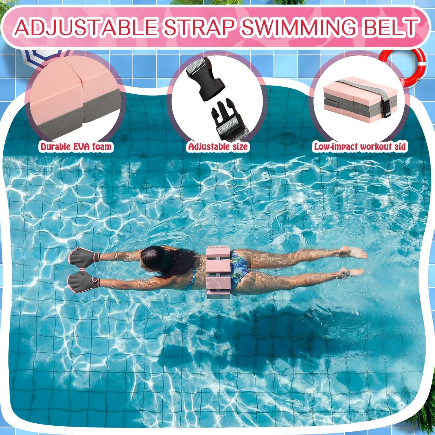 WinnerWhy 6 Pcs Aquatic Exercise Set Water Aerobic Equipment Large Mesh Beach Bag Pool Fitness Equipment Foam Dumbbell with Handle Strip Swimming Belt Gloves for Aquatic Fitness Weight Loss(Pink)