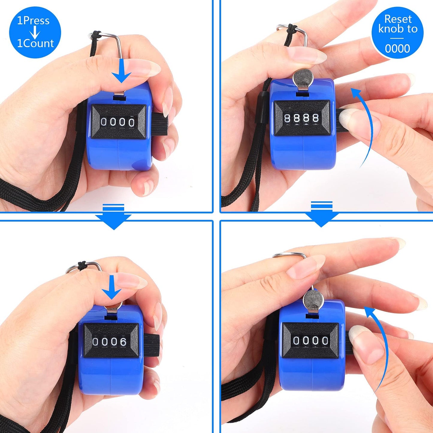 FEBSNOW 2 Pack Hand Tally Counter 4 Digital Click Counter for Sport Row School Event (Red Blue)