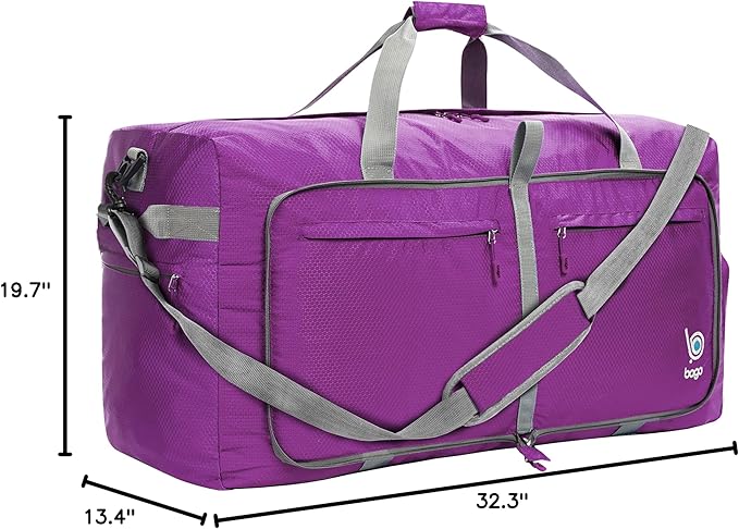 Bago Big XXL Foldable Duffel Bags for Traveling Women & Men - 140L Packable Duffle Bag for Travel with Shoe Compartment - Water Repellant, Heavy Duty, Lightweight Folding & Collapsible (Purple)