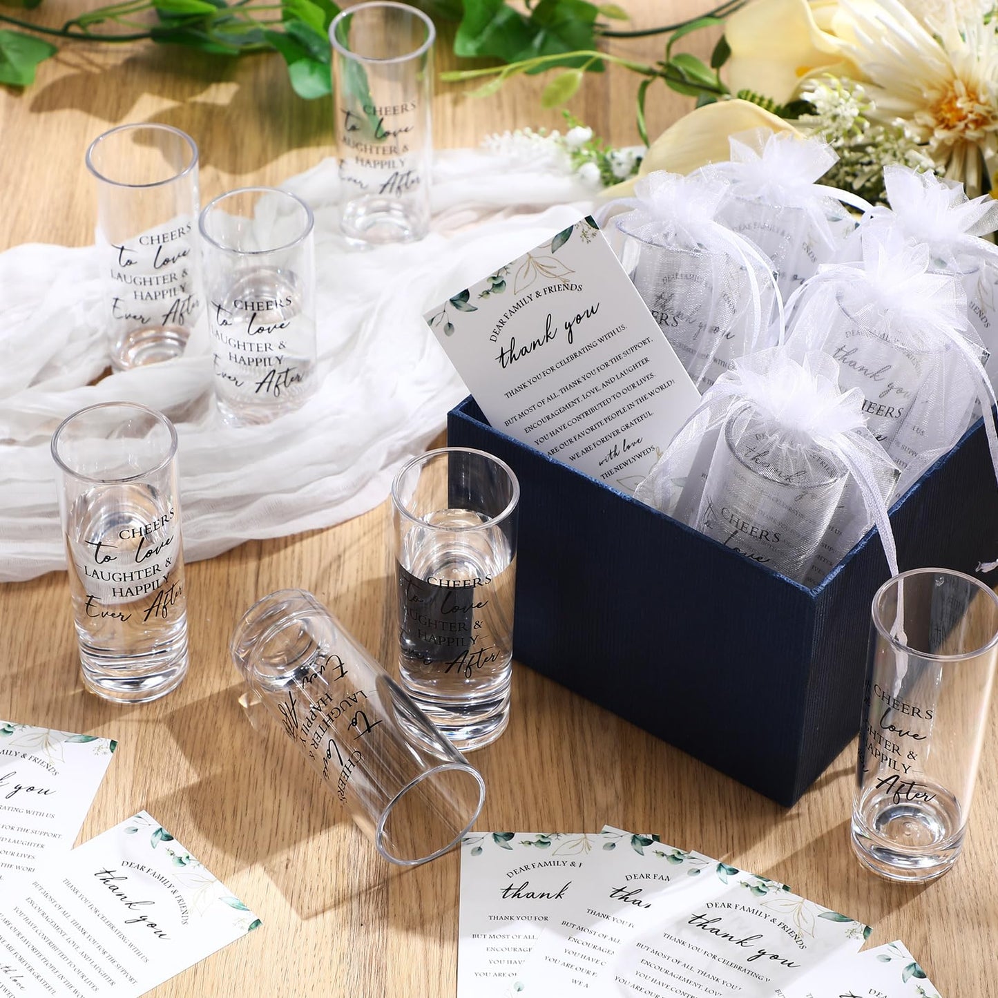 Sliner 100 Set Wedding Favors for Guests Bulk 2oz Acrylic Cheers to Love Shot Glasses with Thank You Cards Organza Bags for Guest Souvenirs (Cylinder,Cheers to Love Laughter and Happily Ever After)